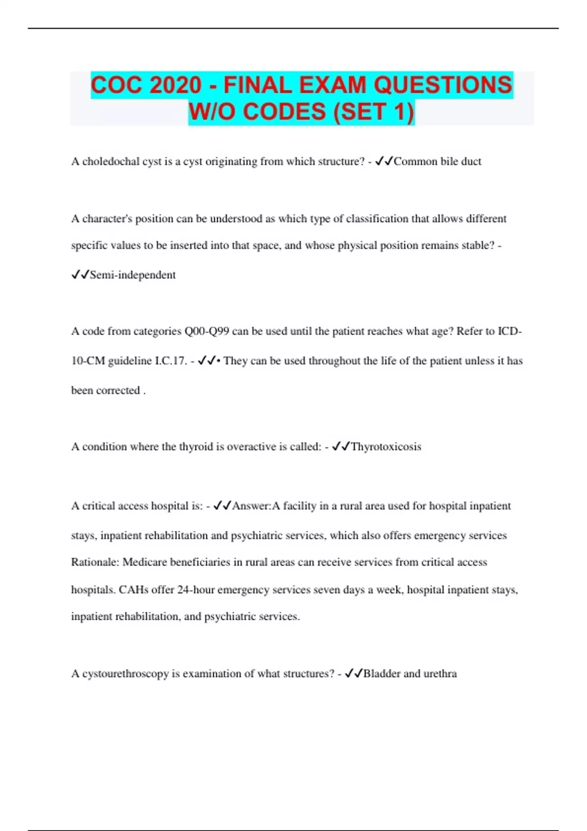 COC 2020 FINAL EXAM QUESTIONS W/O CODES (SET 1) 2023 100