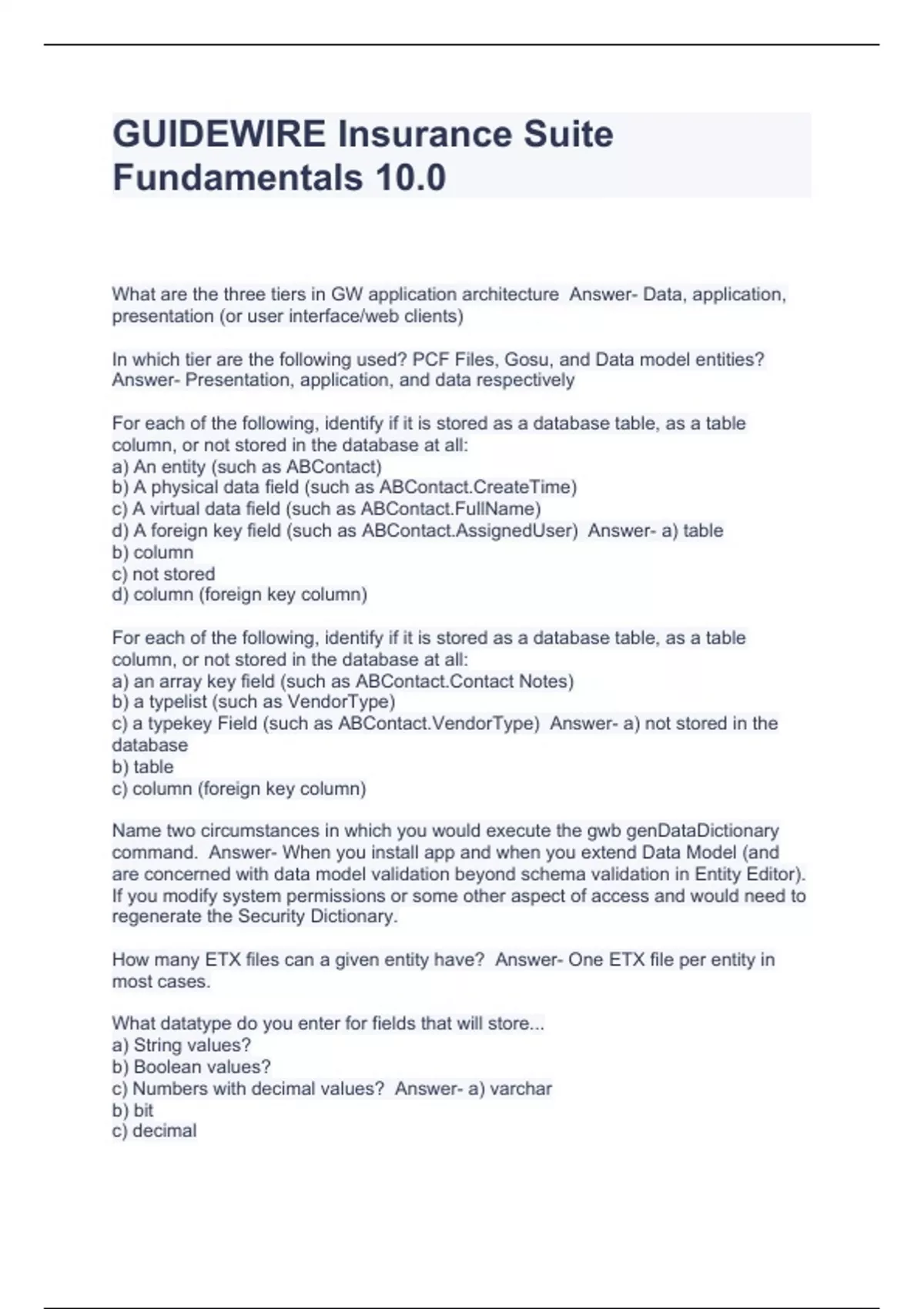 GUIDEWIRE Insurance Suite Fundamentals 10.0 WIRE Stuvia US