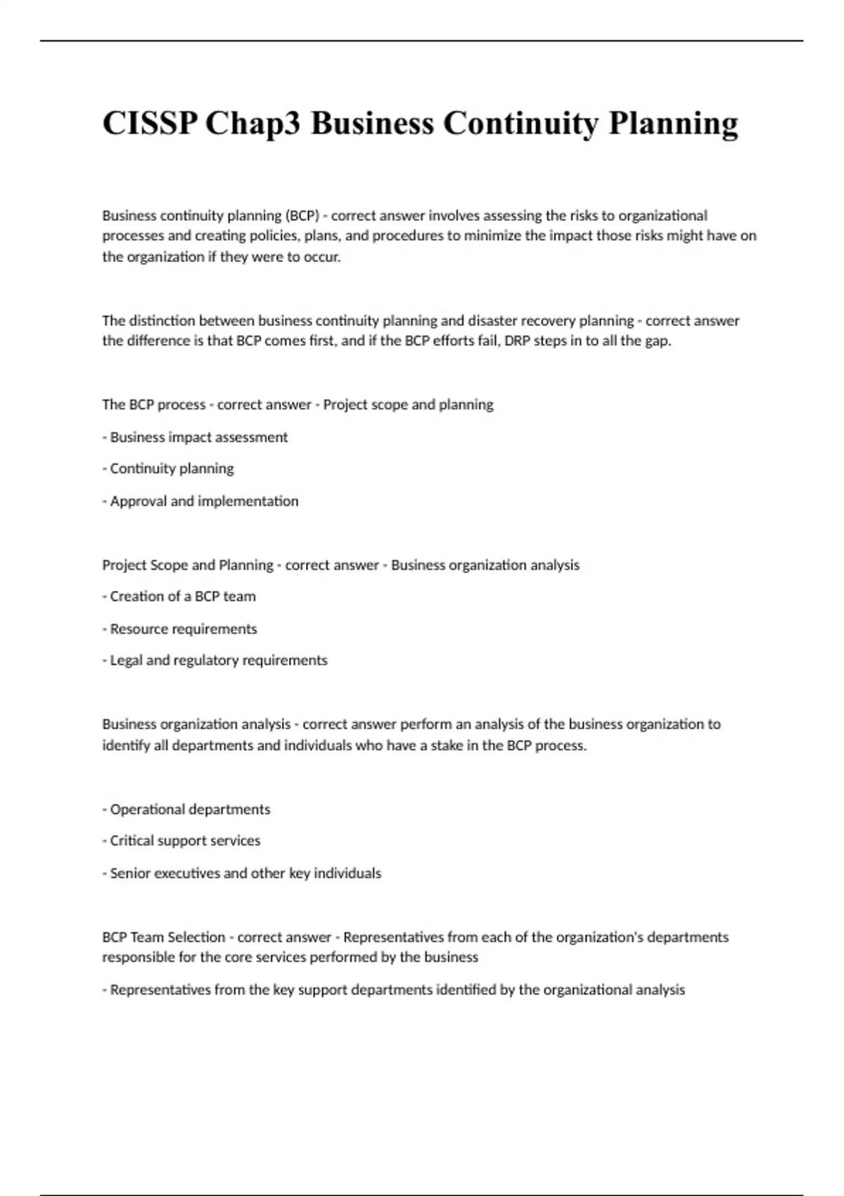 Bcp Questions CISSP Chap3 Business Continuity Planning questions n answers 2023 - BCP ...