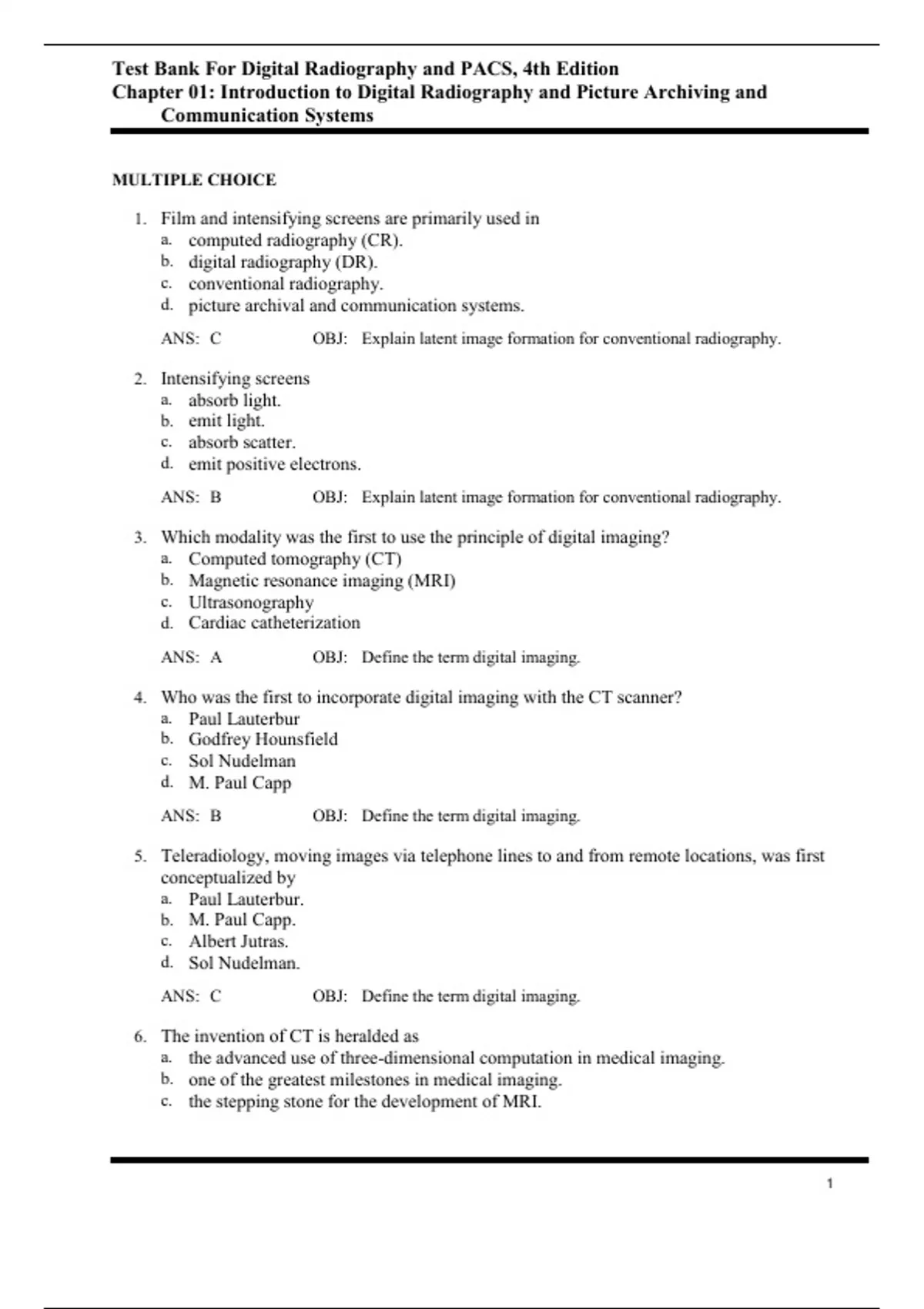Test Bank For Digital Radiography and PACS, 4th 2023 All Chapters