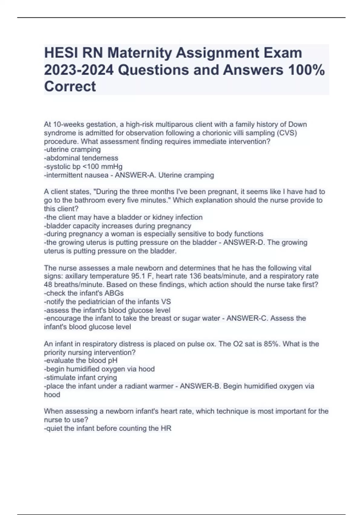 HESI RN Maternity Assignment Exam Questions and Answers 100% Correct ...