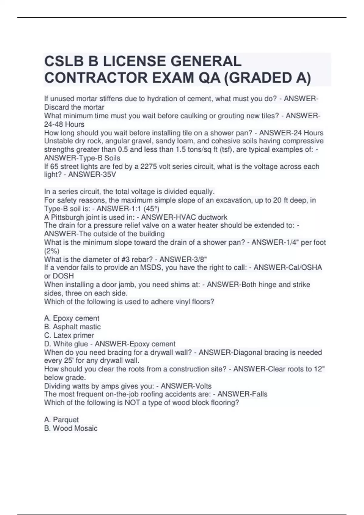 CSLB B LICENSE GENERAL CONTRACTOR EXAM QUESTION AND ANSWERS |GRADED A
