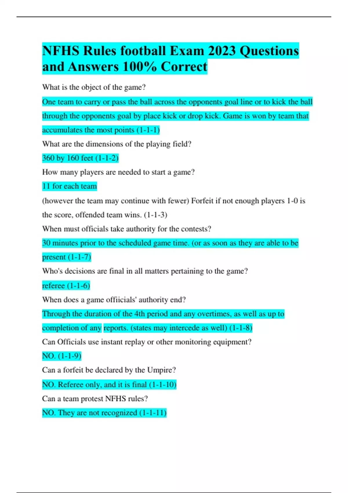 NFHS Rules football Exam 2023 Questions and Answers 100 Correct NFHS