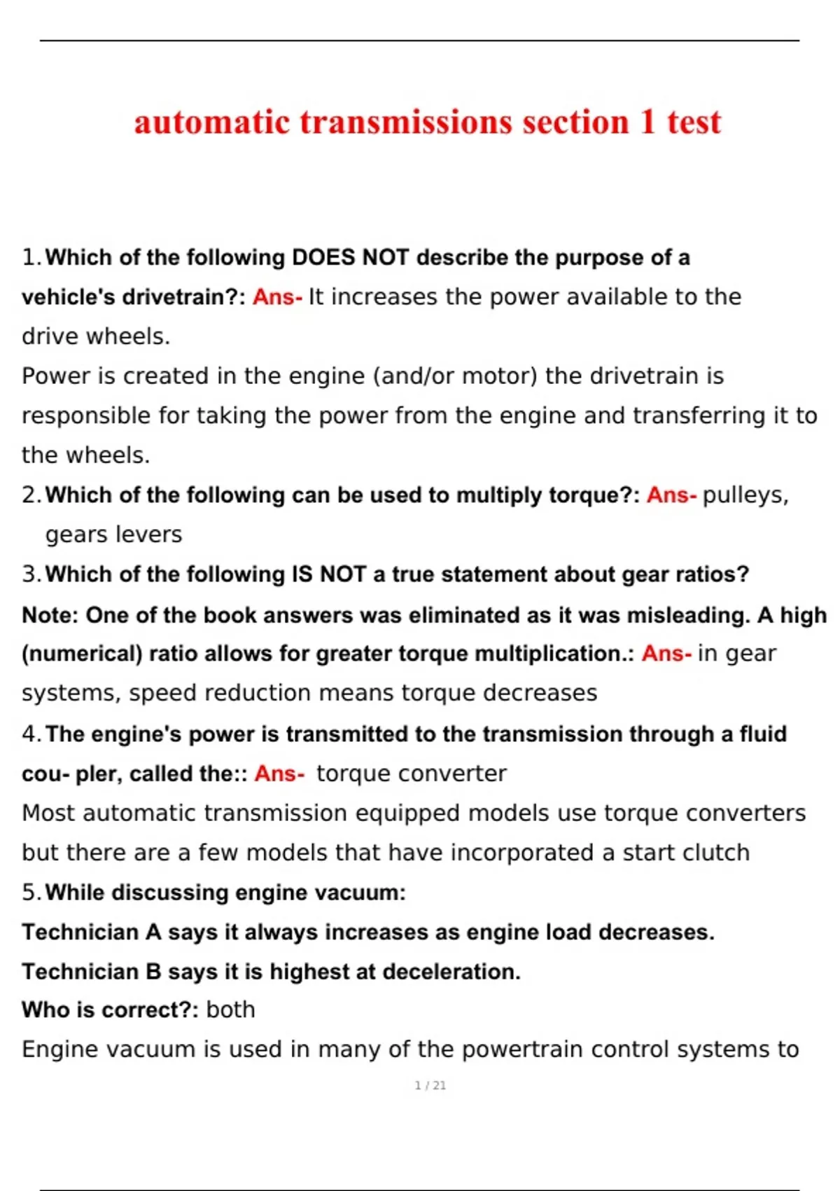 automatic transmissions section 1 test: CH 1, 2, 3 and section 2 test ...