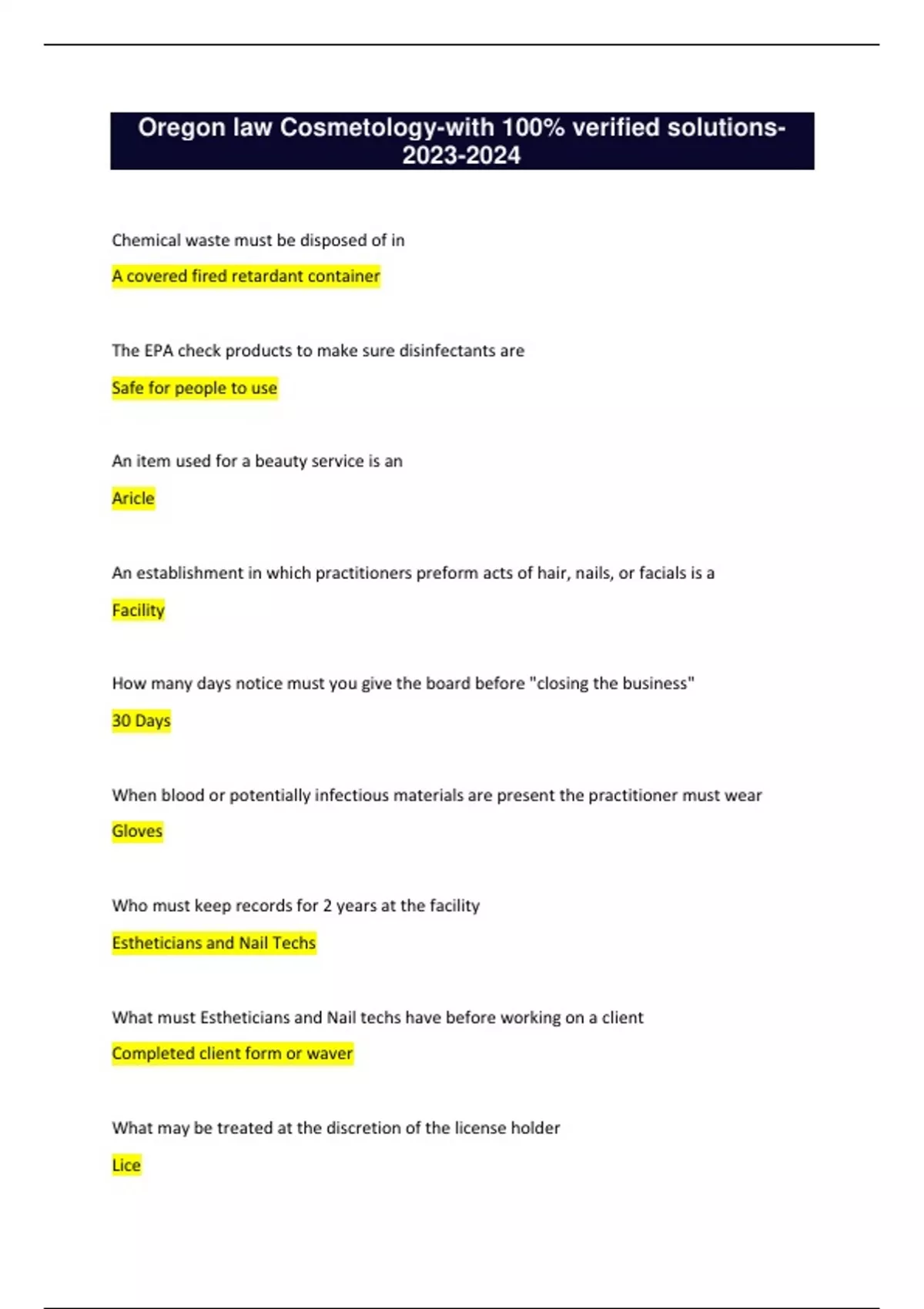 Oregon law Cosmetologywith 100 verified solutions Oregon law