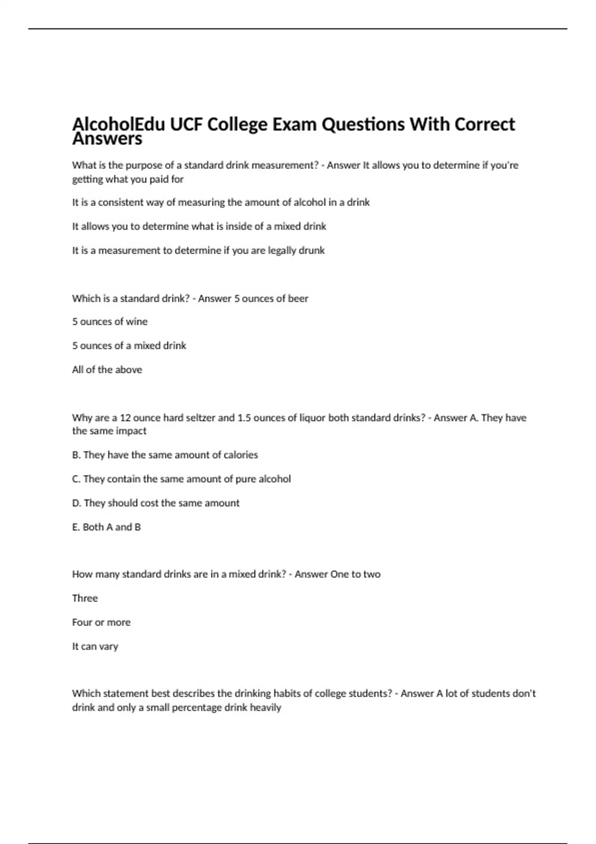 AlcoholEdu UCF College Exam Questions With Correct Answers AlcoholEdu