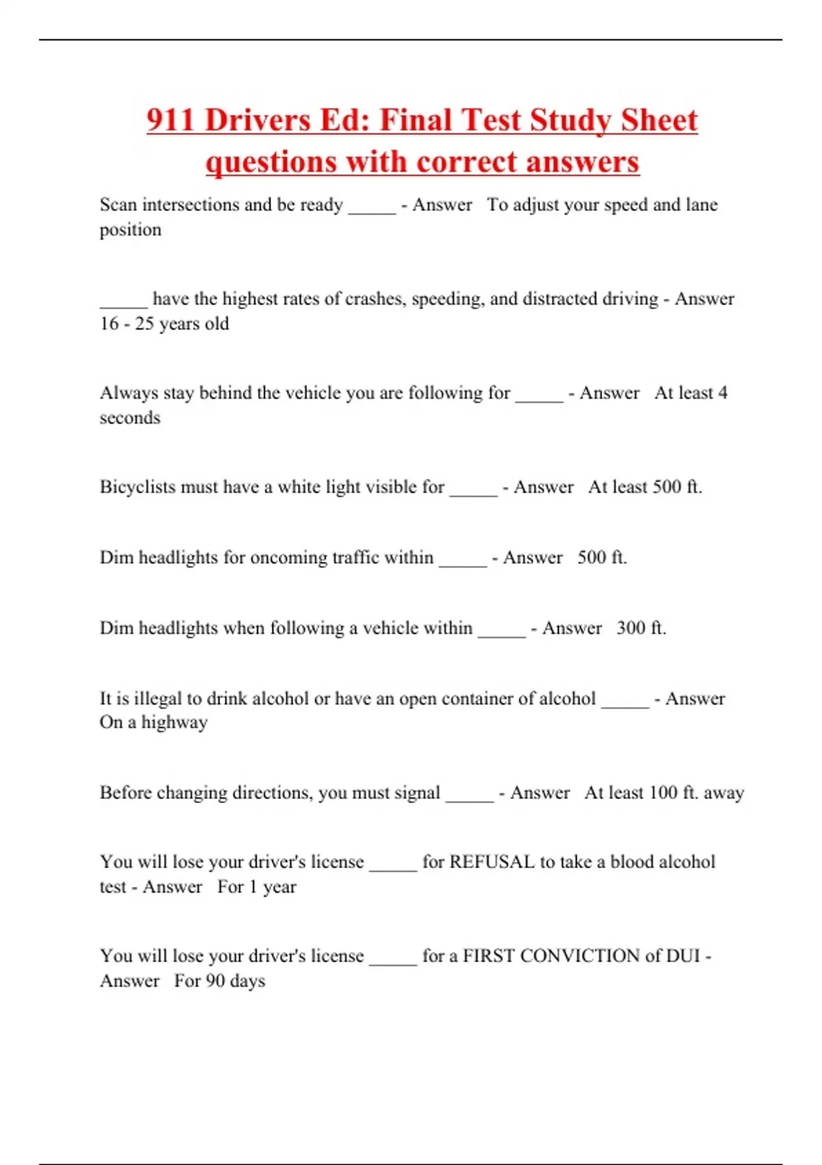 911 Drivers Ed: Final Test Study Sheet questions with correct answers ...