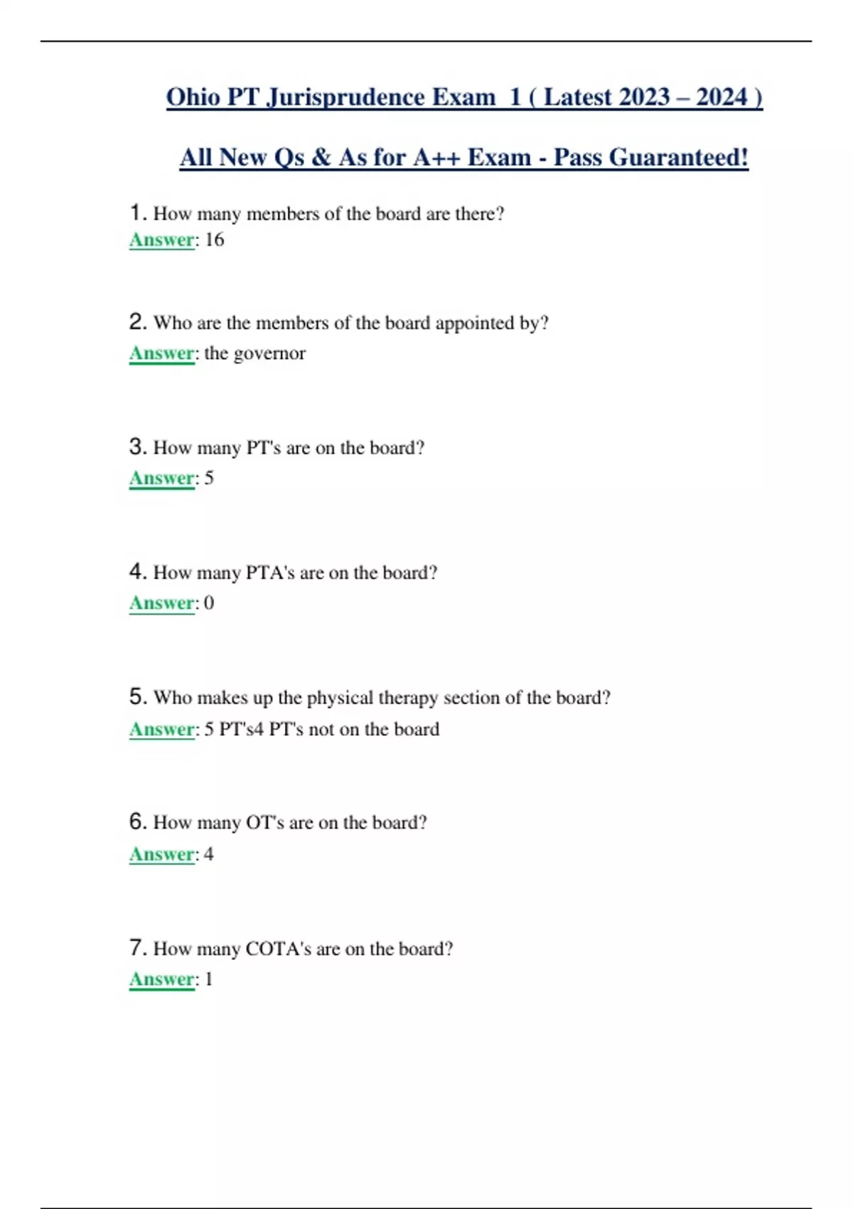 Ohio PT Jurisprudence Exam 1 ( Latest 2023 2024 ) All New Qs & As for