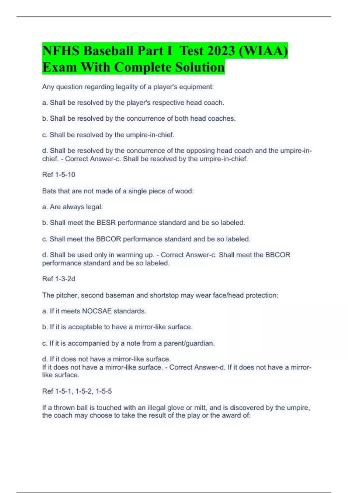 Package deal for NFHS Baseball Part I Test 2023 (WIAA) Exam With