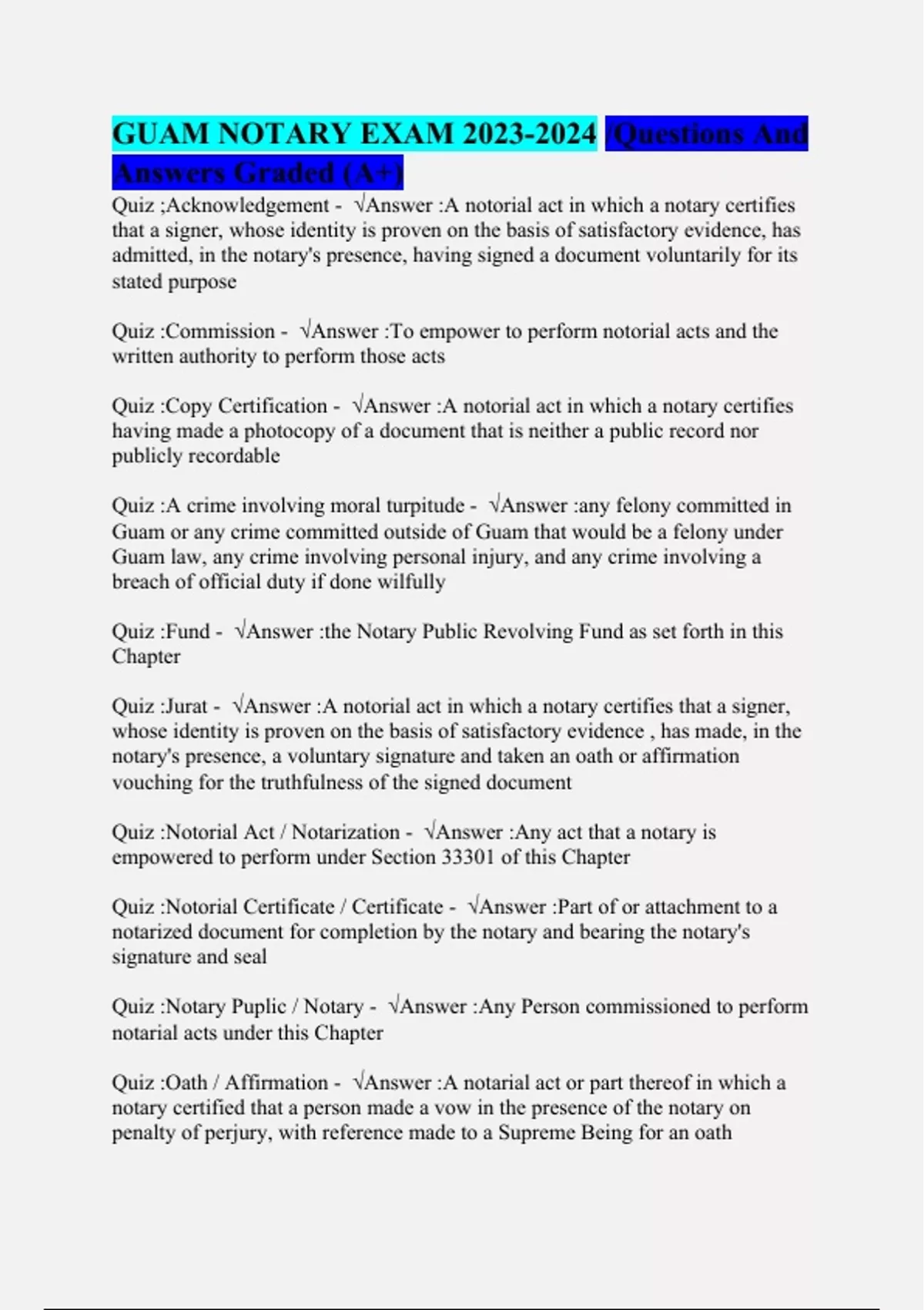 GUAM NOTARY EXAM 20232024 /Questions And Answers Graded (A+) GUAM