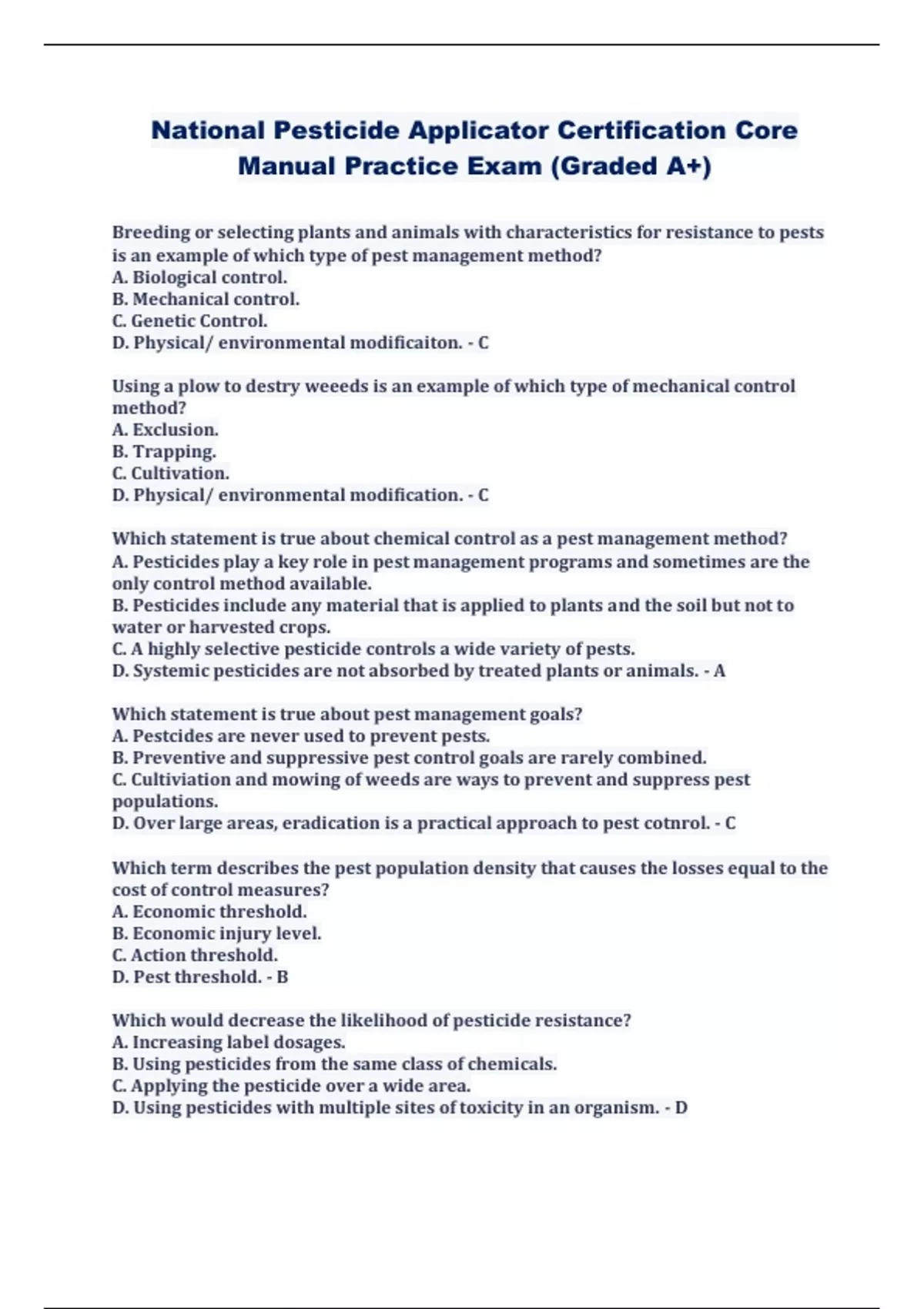 National Pesticide Applicator Certification Core Manual Practice Exam (Graded A+) National