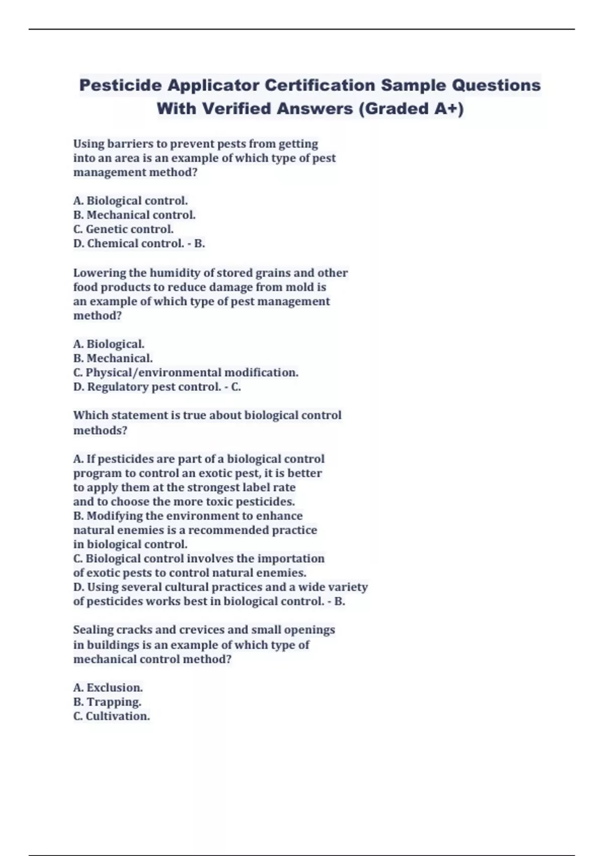 Pesticide Applicator Certification Sample Questions With Verified