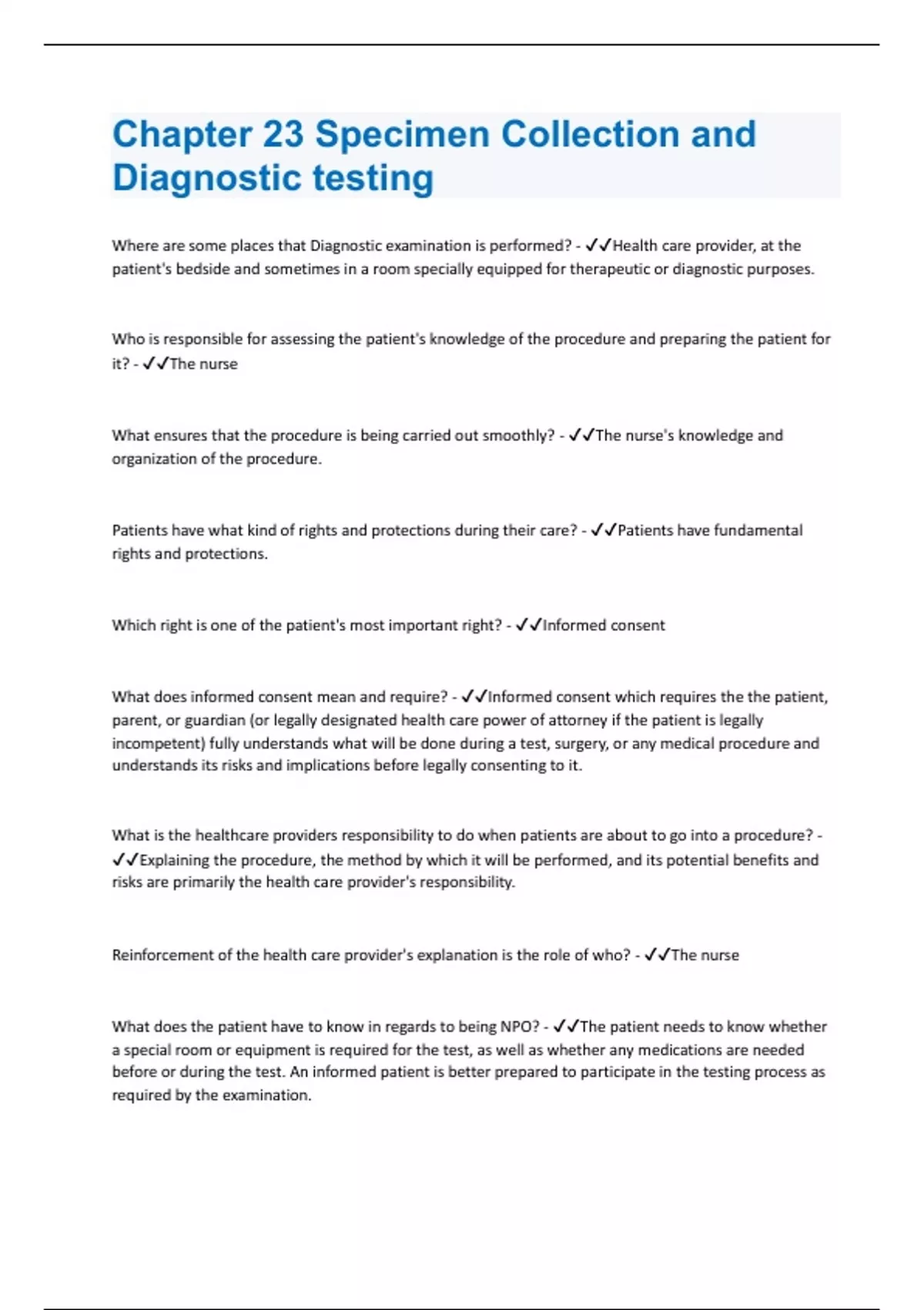 Chapter 23 Specimen Collection and Diagnostic testing 148 Questions