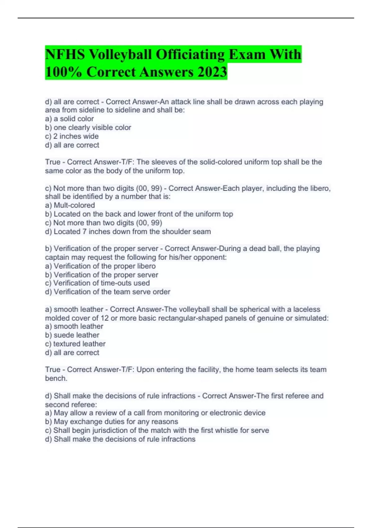 NFHS Volleyball Officiating Exam With 100 Correct Answers 2023 NFHS