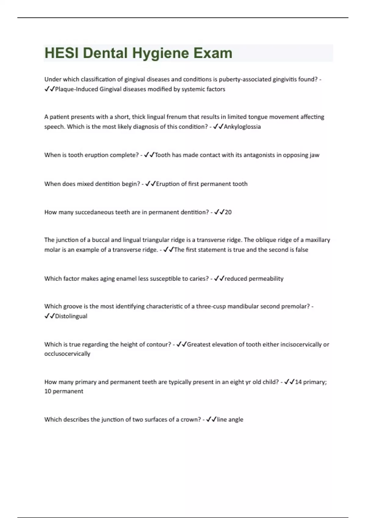 HESI Dental Hygiene Exam 200 Questions and Answers(A+ Solution guide