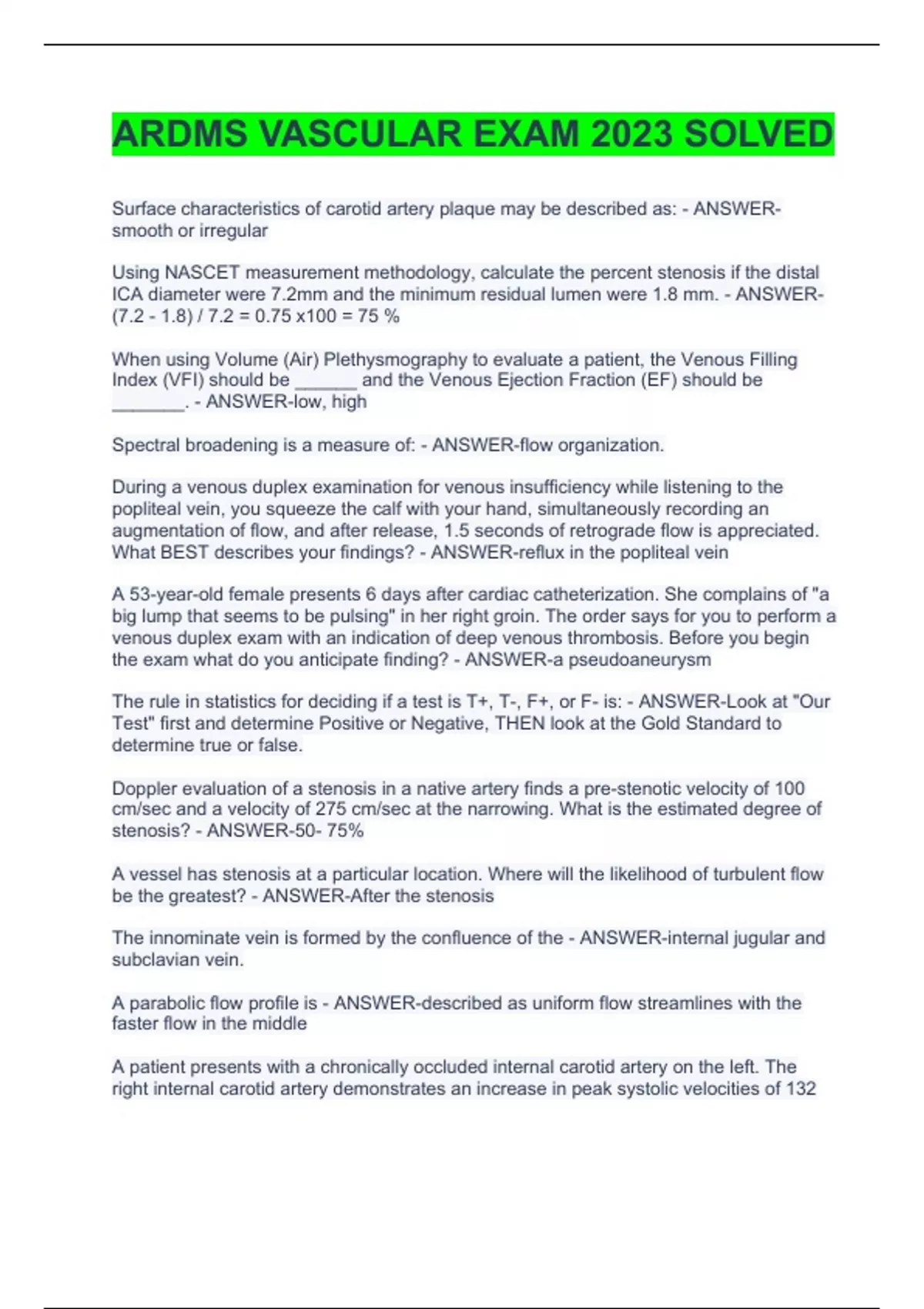 ARDMS VASCULAR EXAM 2023 SOLVED ARDMS VASCULAR Stuvia US