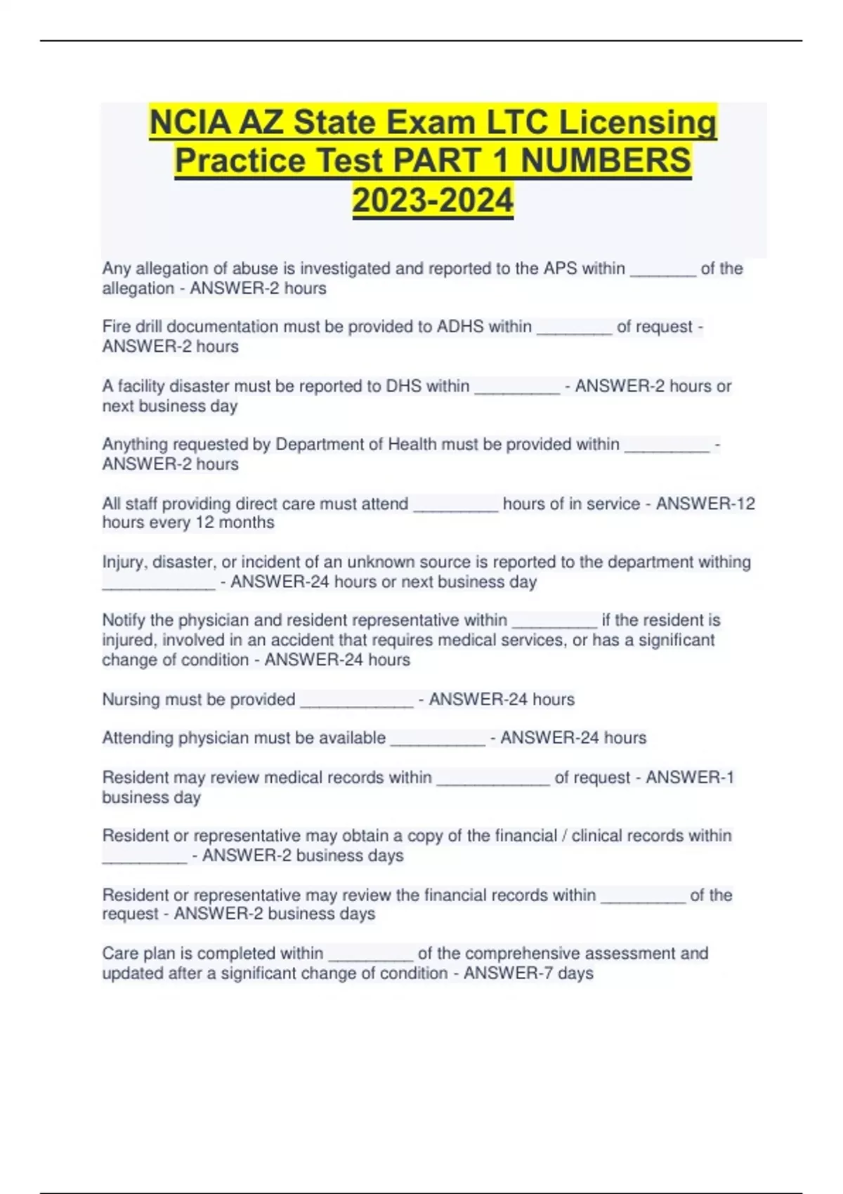 NCIA AZ State Exam LTC Licensing Practice Test PART 1 NUMBERS LTC Stuvia US