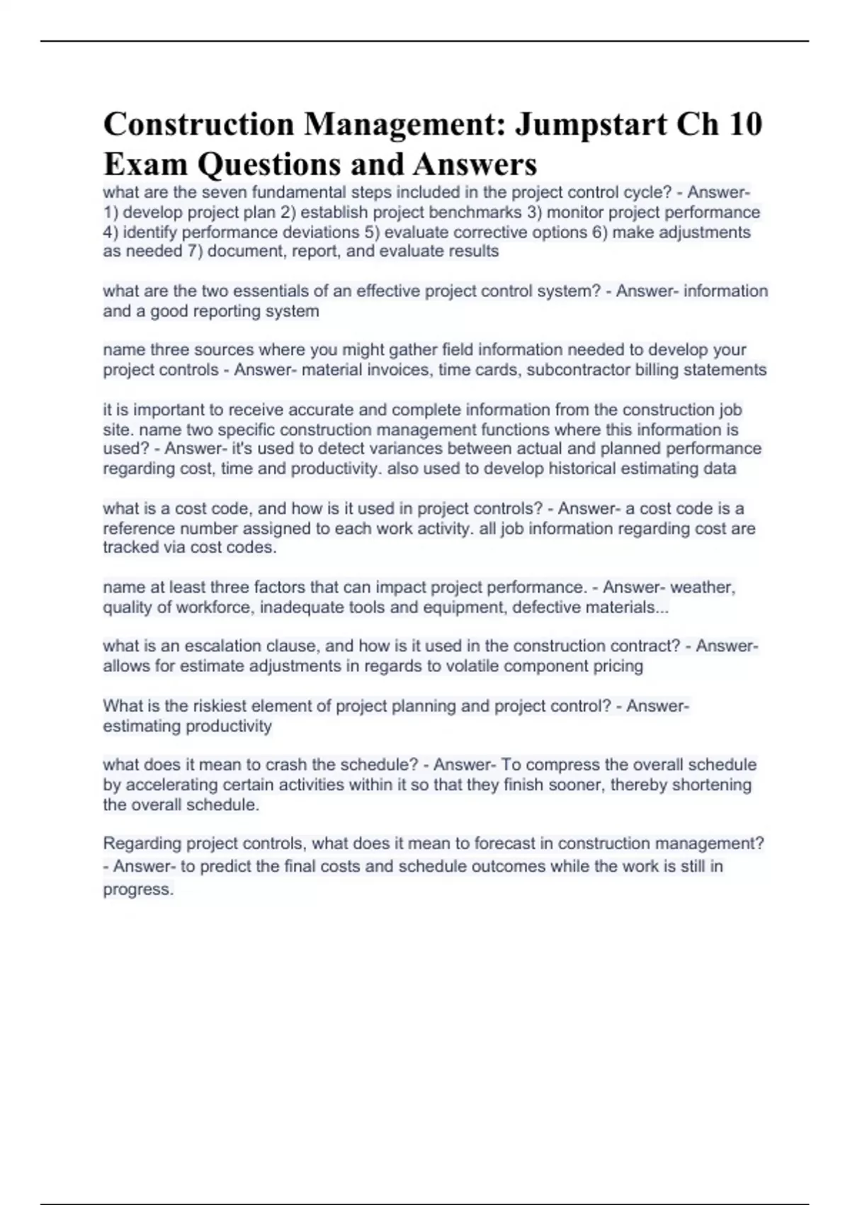 Construction Management: Jumpstart Ch 10 Exam Questions and Answers ...