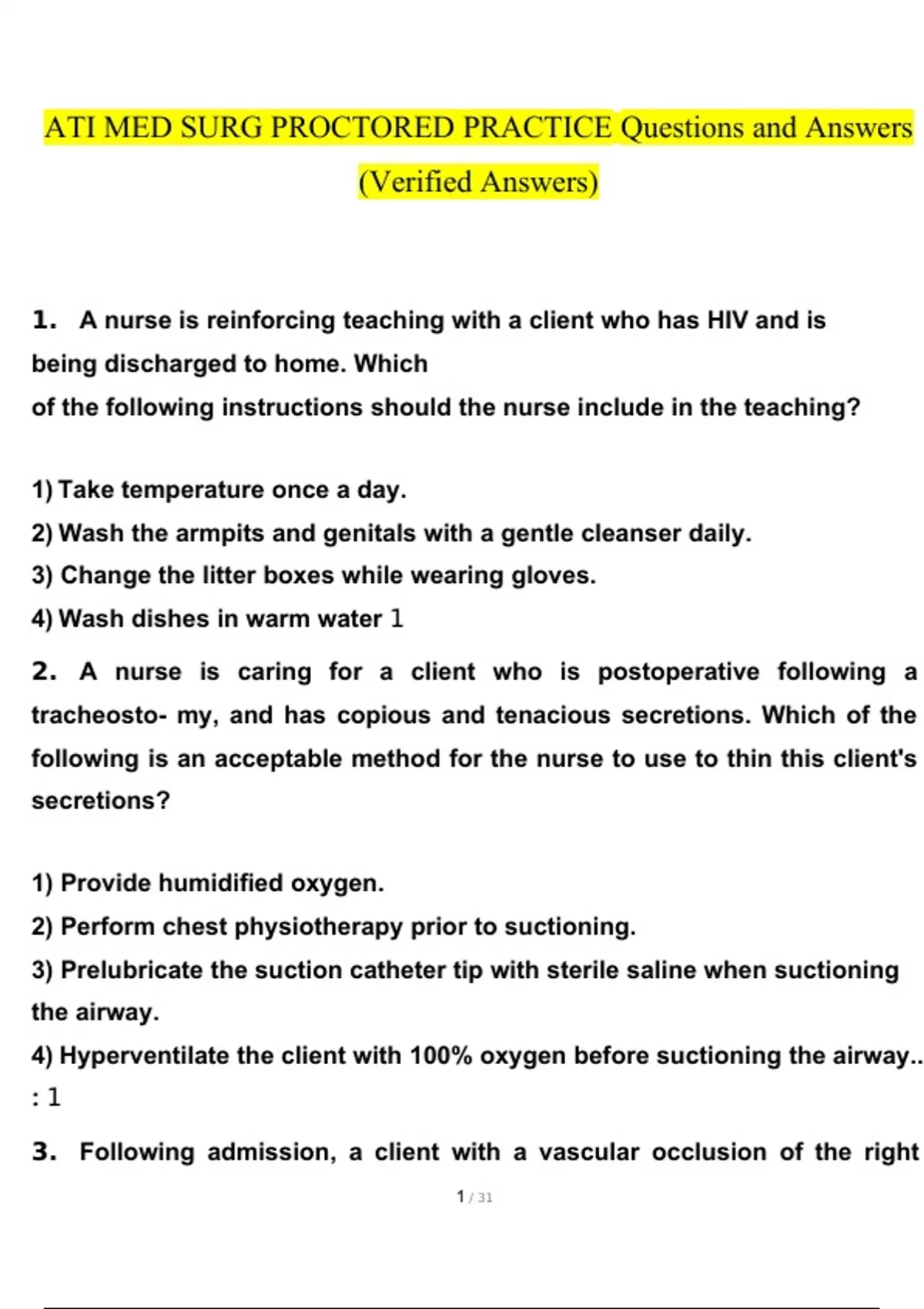 ATI MED SURG PROCTORED PRACTICE questions and answers} Latest % correct ...