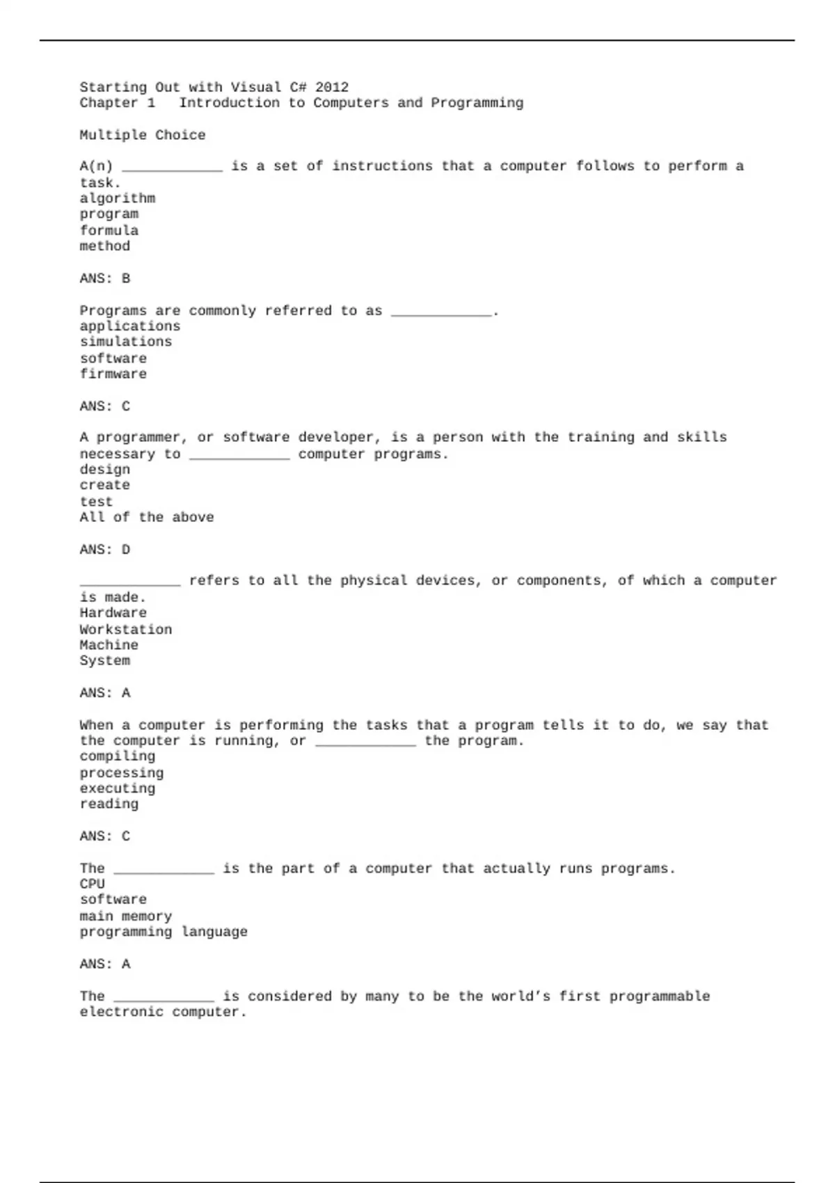[Starting out with Visual C# 2012,Gaddis,3e] Test Bank: Your Pathway to ...