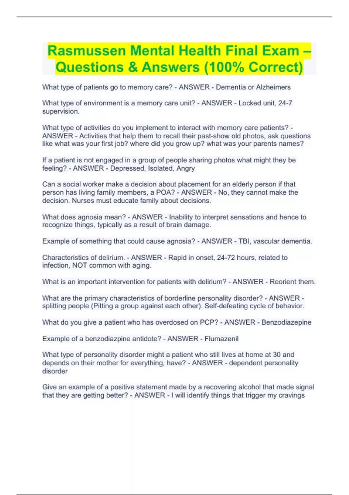 Rasmussen Mental Health Final Exam – Questions & Answers (100% Correct ...