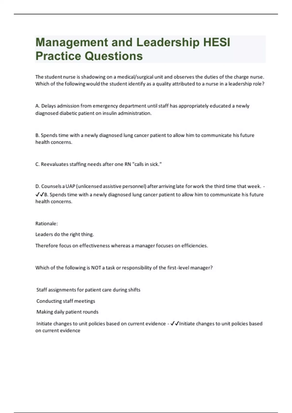 Management and Leadership HESI Practice Questions Rated 100 Correct