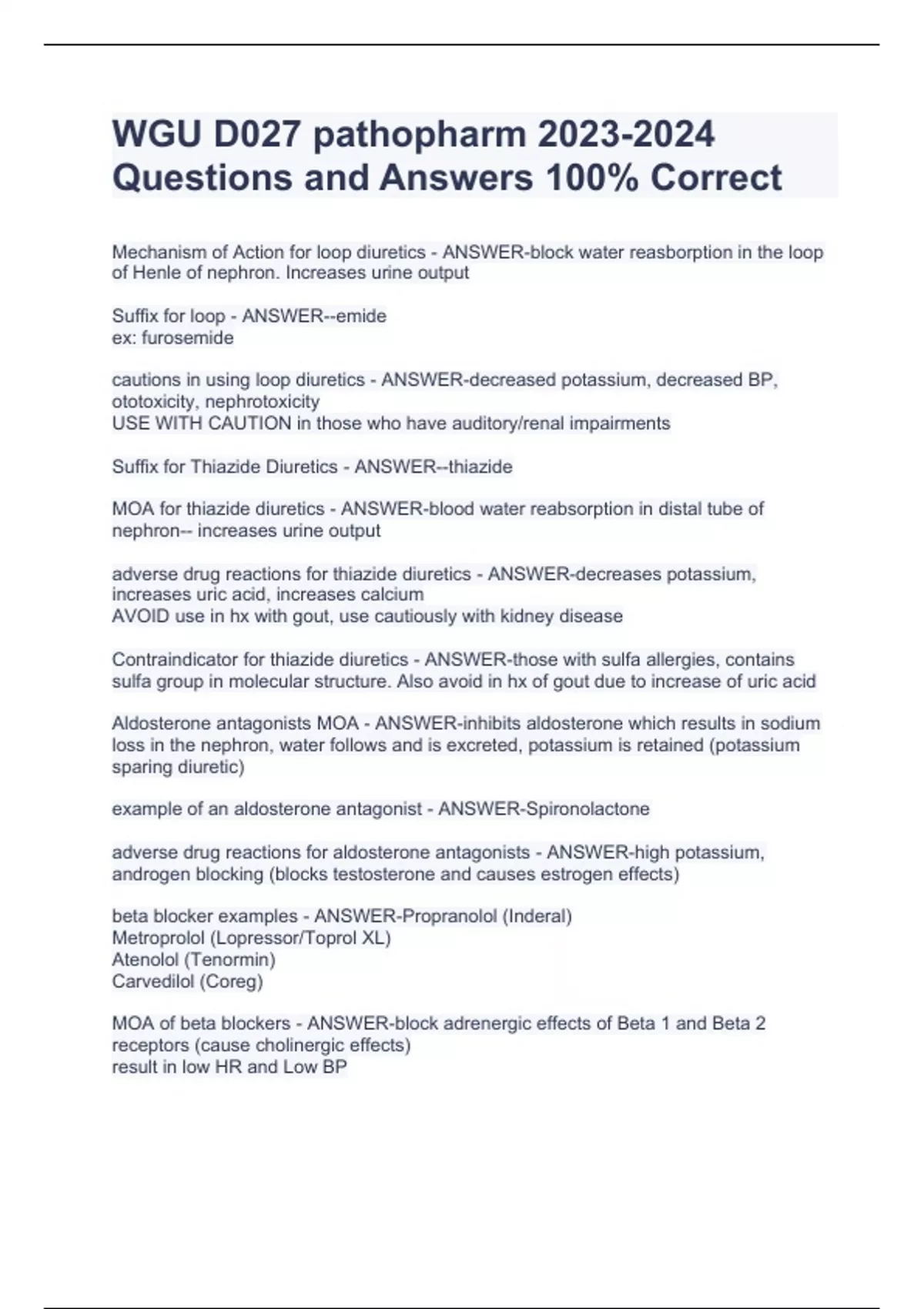 WGU D027 pathopharm Questions and Answers 100% Correct - WGU D027 ...