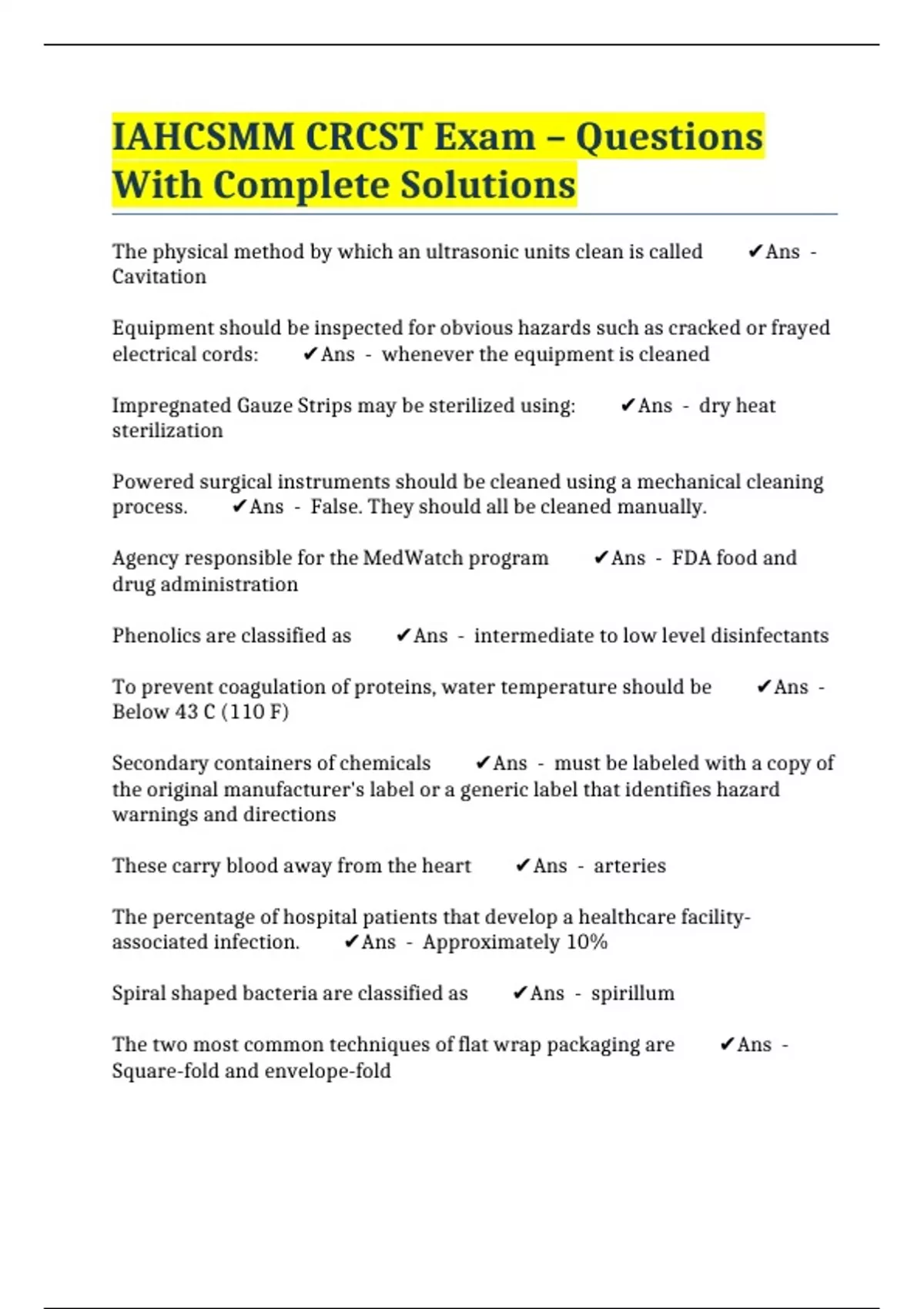 IAHCSMM CRCST Final Exam Questions And Answers IAHCSMM, 54 OFF