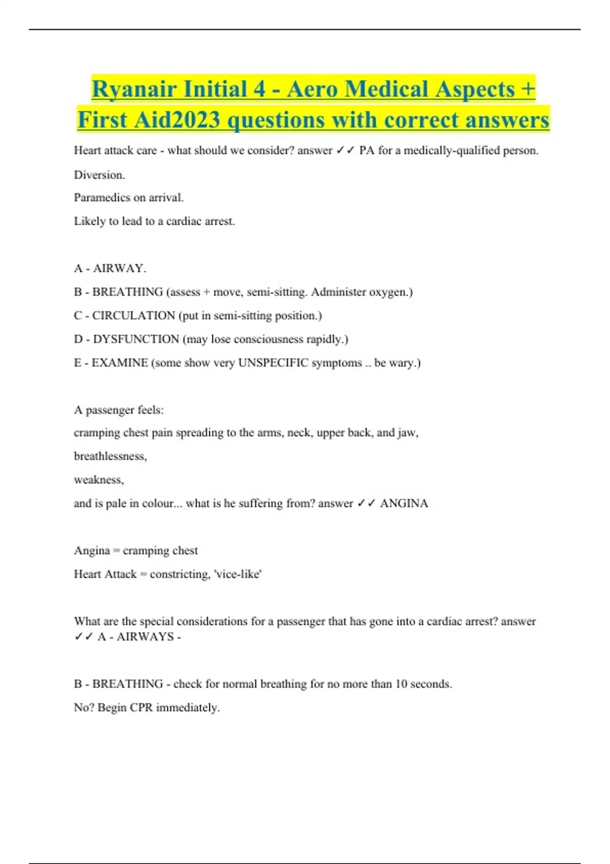 Ryanair Initial 4 Aero Medical Aspects + First Aid2023 questions with correct answers