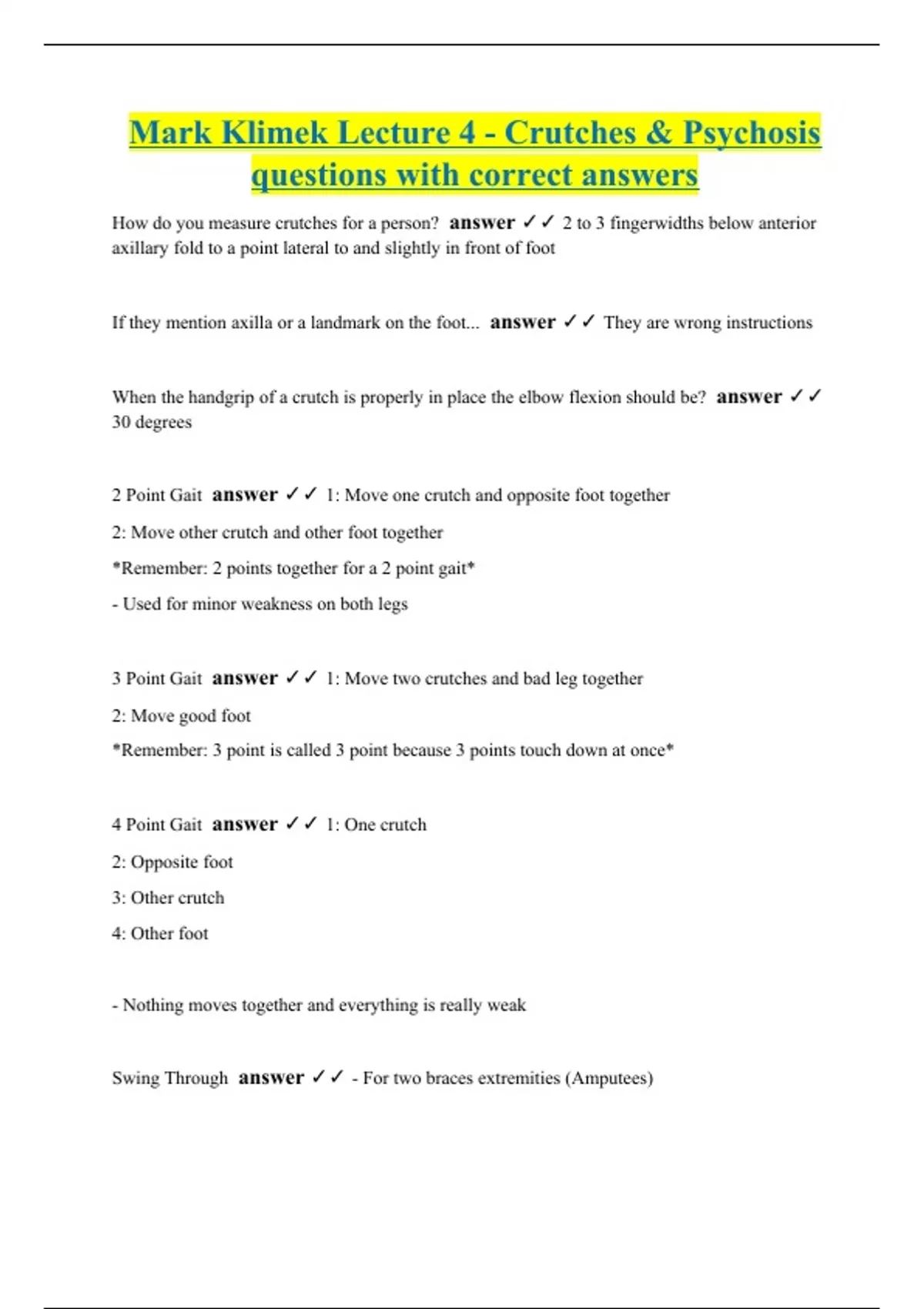 Mark Klimek Lecture 4 Crutches & Psychosis questions with correct