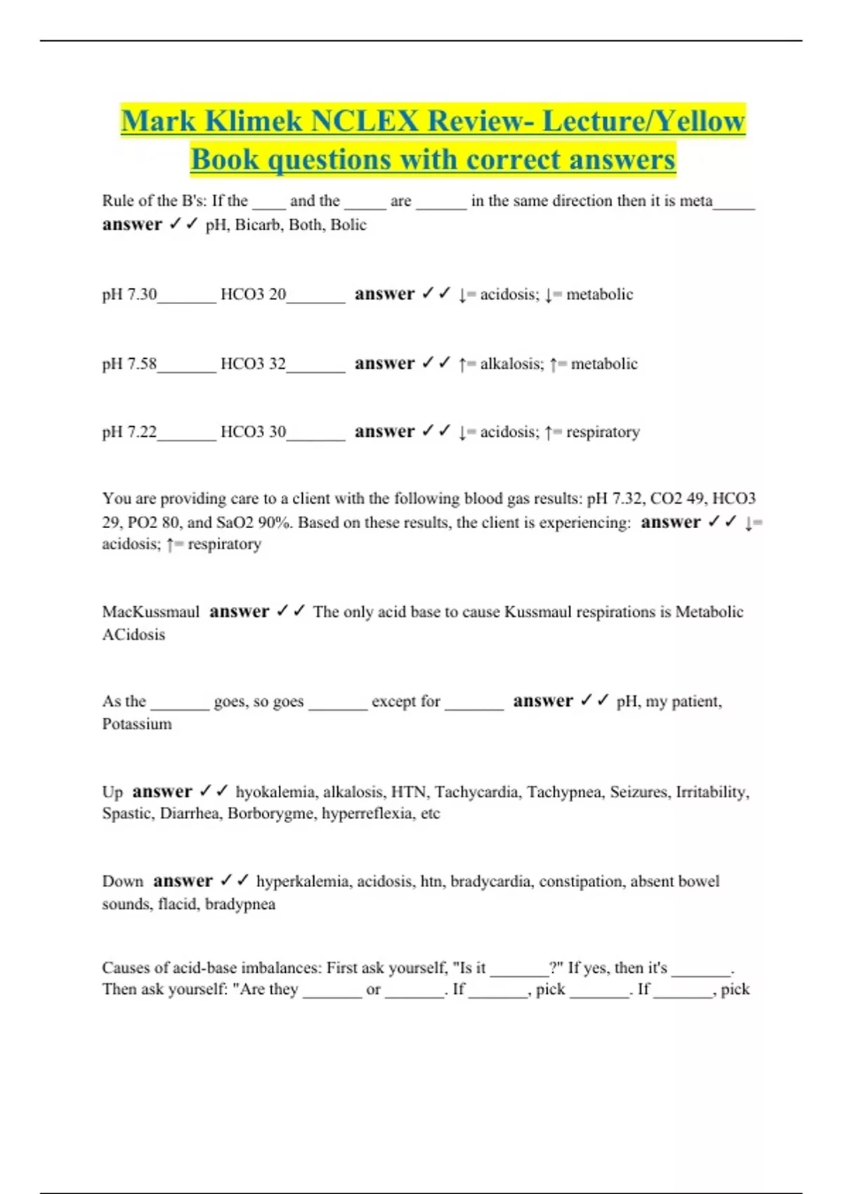Mark Klimek NCLEX Review Lecture Yellow Book Questions With Correct 