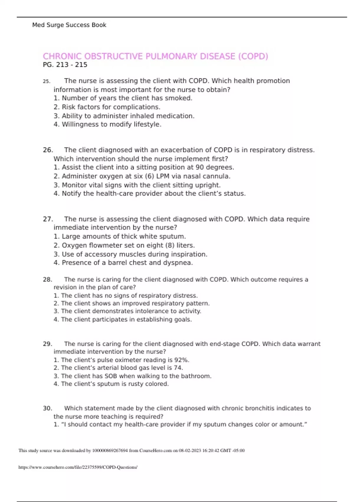 CHRONIC OBSTRUCTIVE PULMONARY DISEASE (COPD - BSN - Stuvia US
