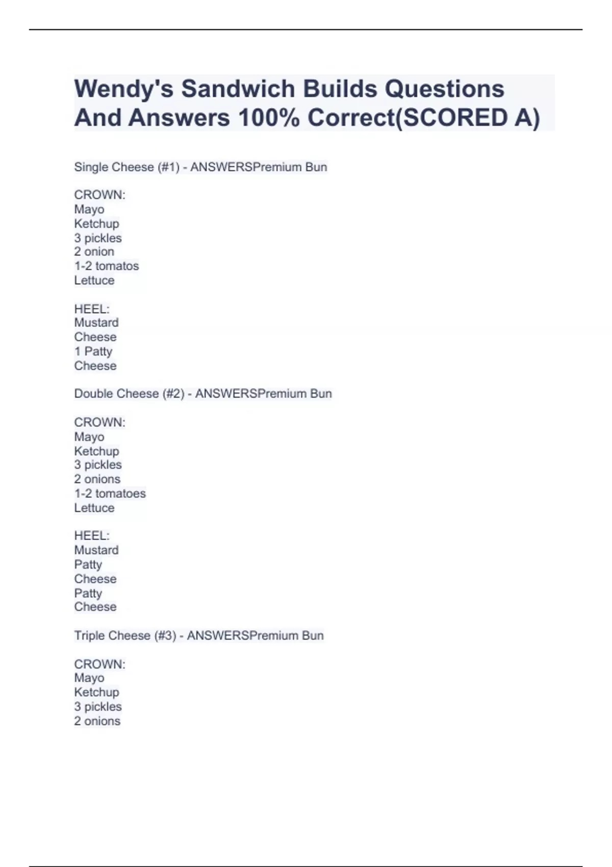 Wendy's Sandwich Builds Questions And Answers 100% Correct(SCORED A ...