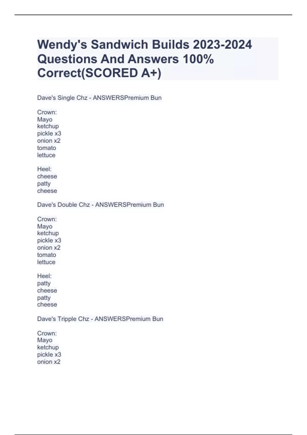 Wendy's Sandwich Builds Questions And Answers 100% Correct(SCORED A+ ...