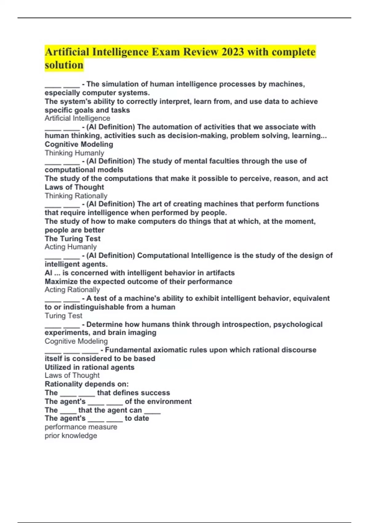 Artificial Intelligence Exam Review 2023 with complete solution