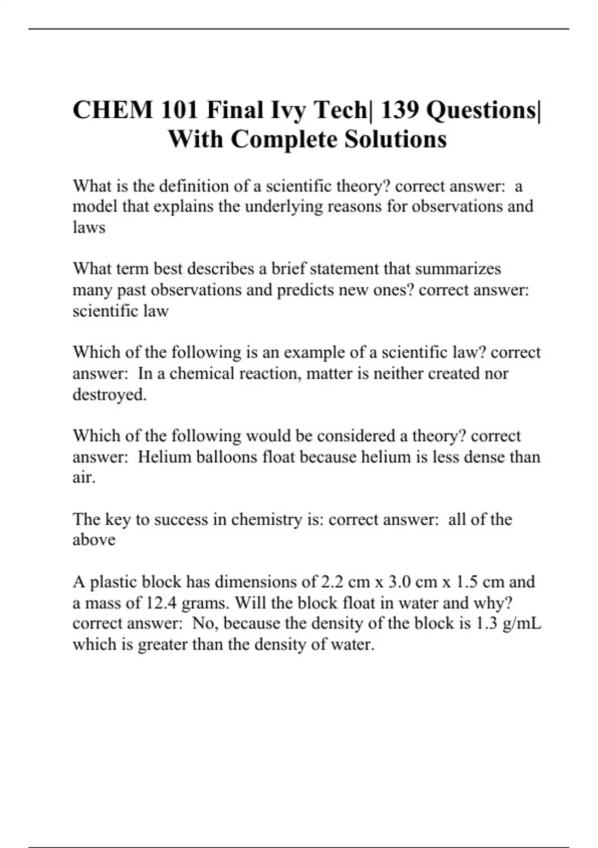 CHEM 101 Final Ivy Tech| 139 Questions| With Complete Solutions - UNE ...