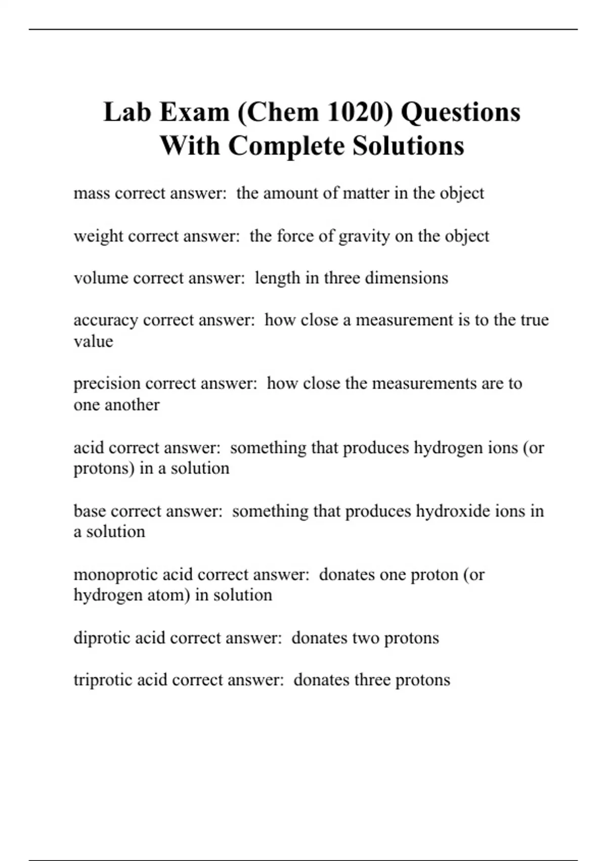 Lab Exam (Chem 1020) Questions With Complete Solutions UNE CHEM