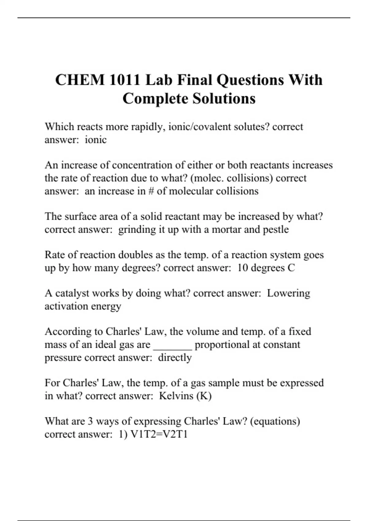 Chem Lab Questions CHEM 1011 Lab Final Questions With Complete Solutions - UNE CHEM ...