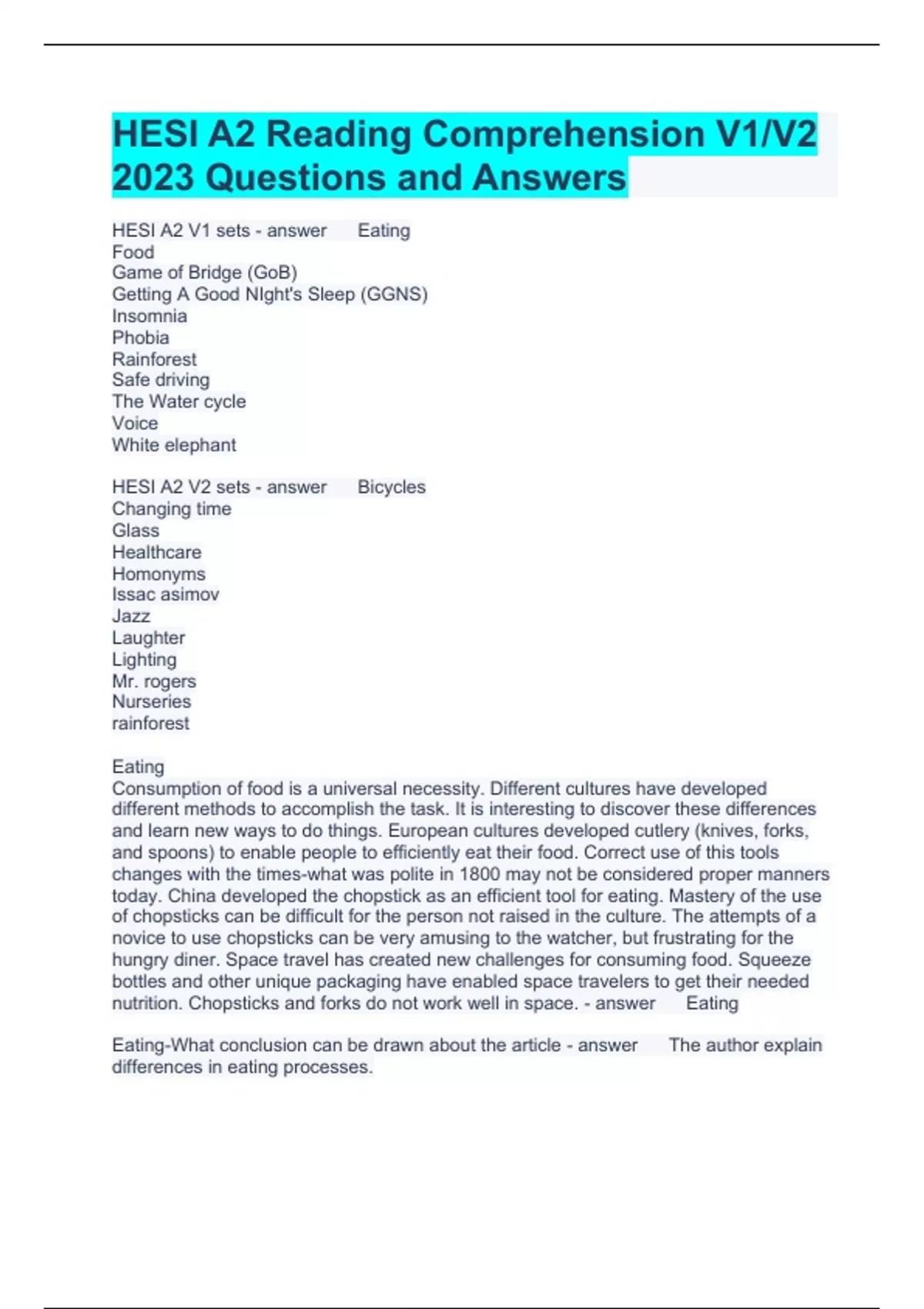 HESI A2 Reading Comprehension V1/V2 2023 Questions and Answers - Hesi ...