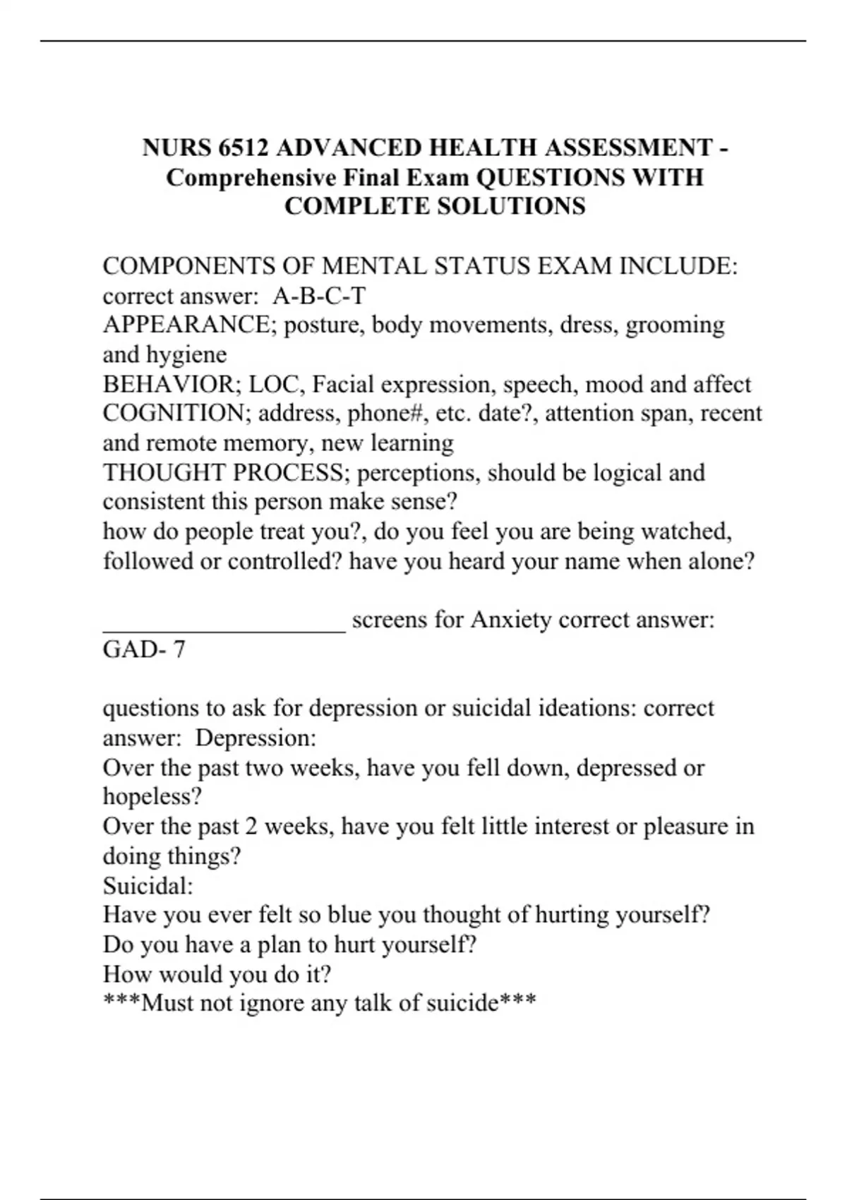 NURS 6512 ADVANCED HEALTH ASSESSMENT - Comprehensive Final Exam ...