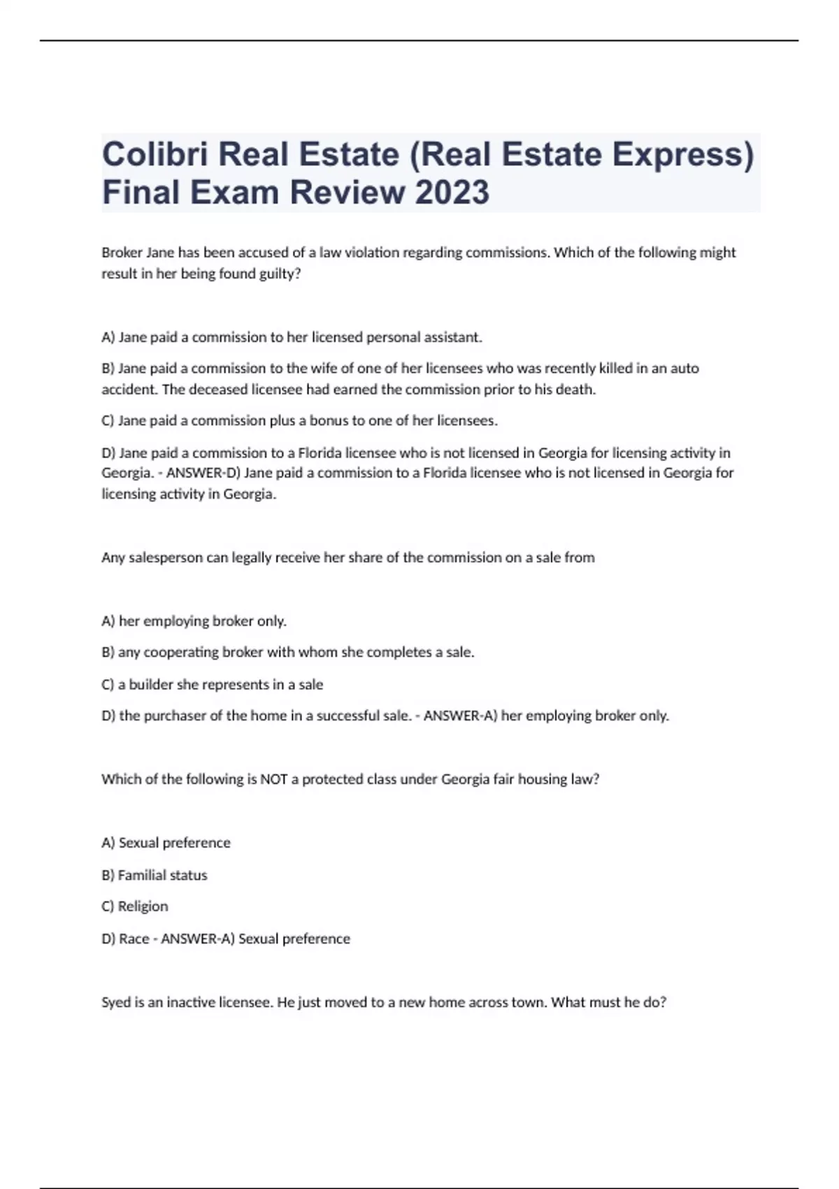 Colibri Real Estate (Real Estate Express) Final Exam Review 2023