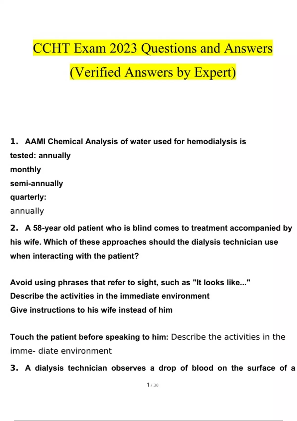CCHT exam Questions and Answers Latest [100 correct answers