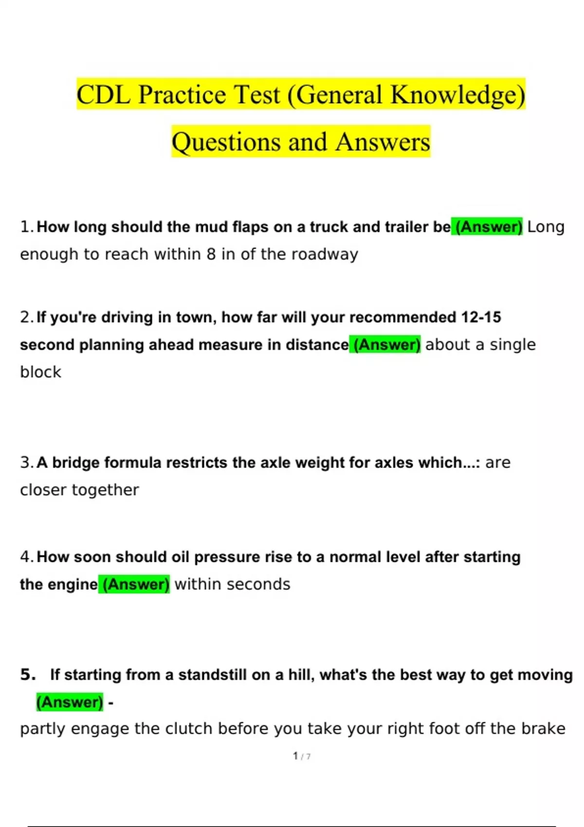 CDL Practice Test (General Knowledge) Questions and Answers Latest [100