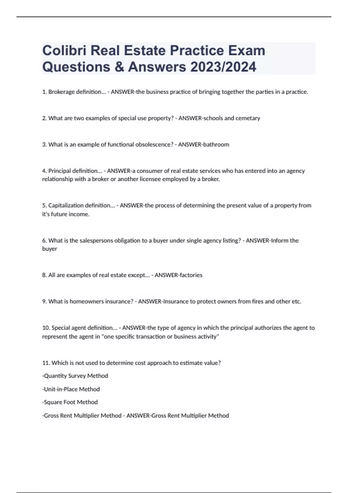 Colibri Real Estate Practice Exam Questions & Answers 2023/2024