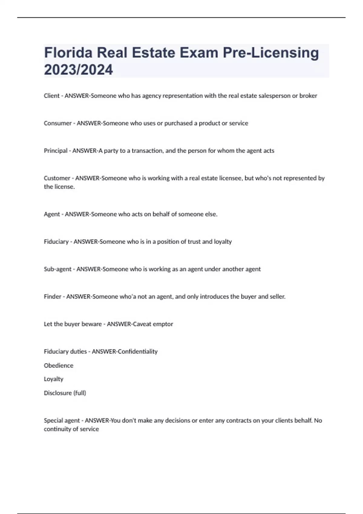 Florida Real Estate Exam PreLicensing 2023/2024 PreLicensing