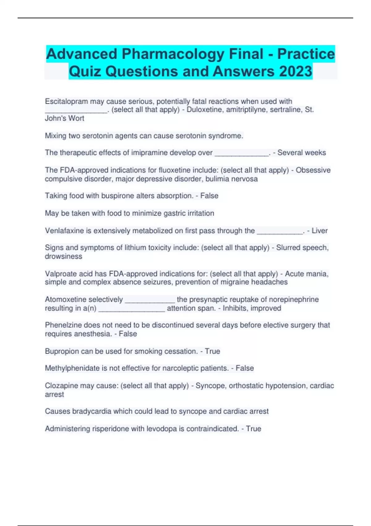 Advanced Pharmacology Final - Practice Quiz Questions and Answers 2023 - Advanced pharmacology ...