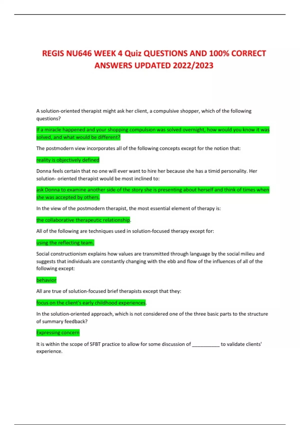 REGIS NU646 WEEK 4 Quiz QUESTIONS AND 100 CORRECT ANSWERS UPDATED 2022