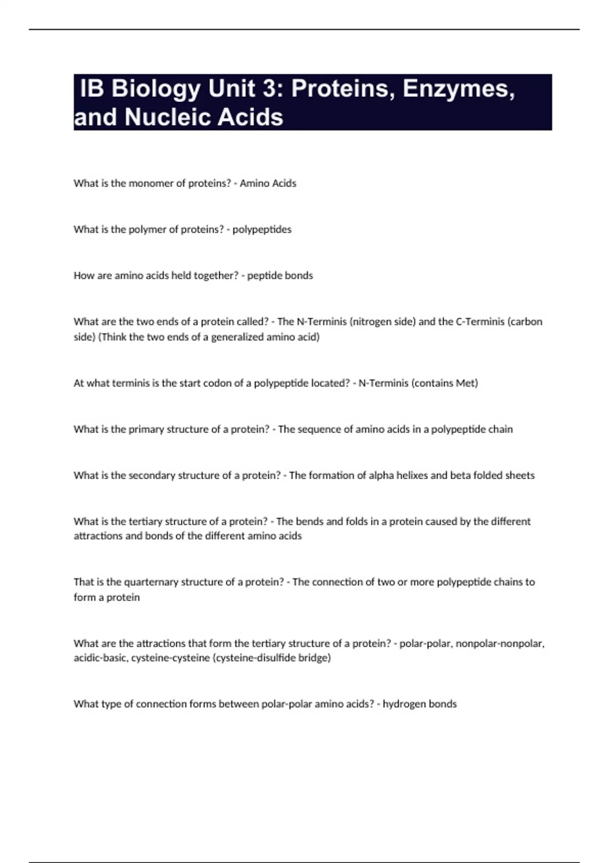 IB Biology Unit 3: Proteins, Enzymes, and Nucleic Acid - Stuvia US