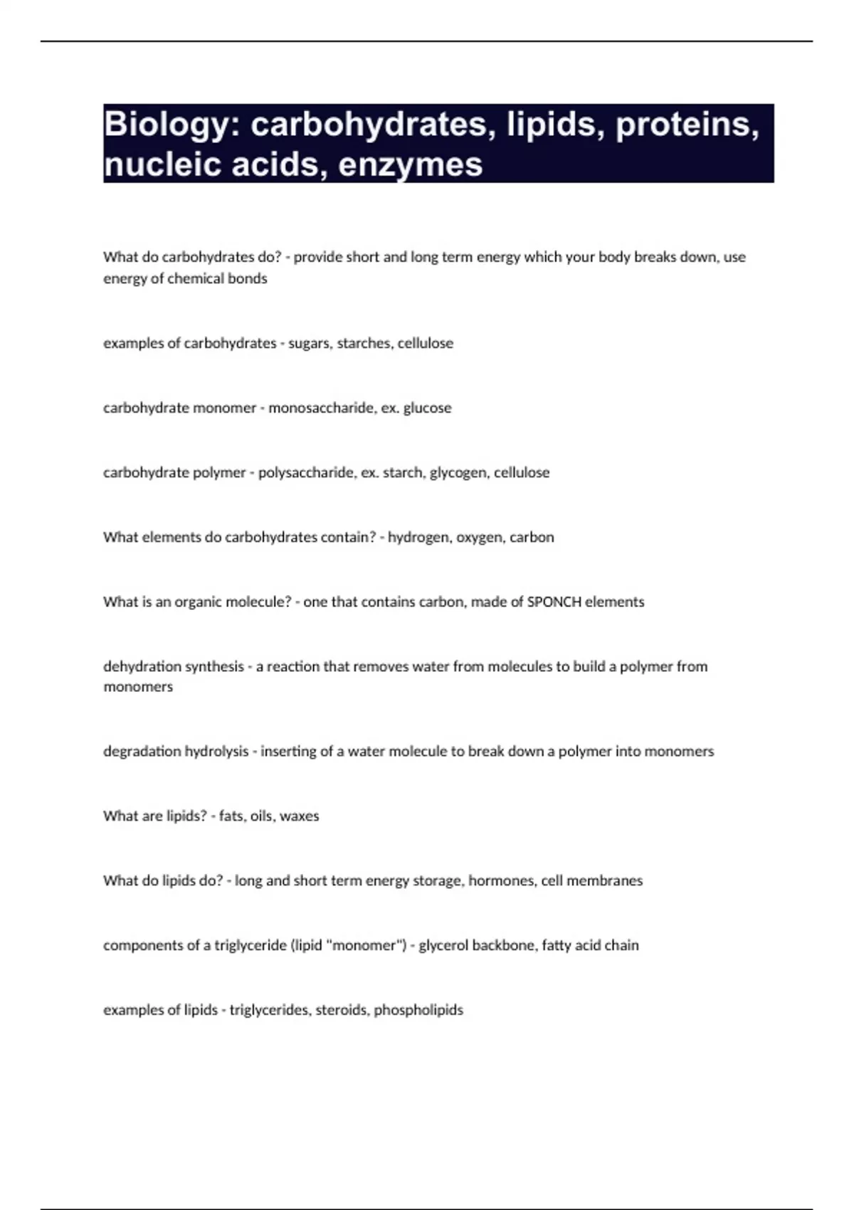 biology carbohydrates, lipids, proteins, nucleic acids, enzymes
