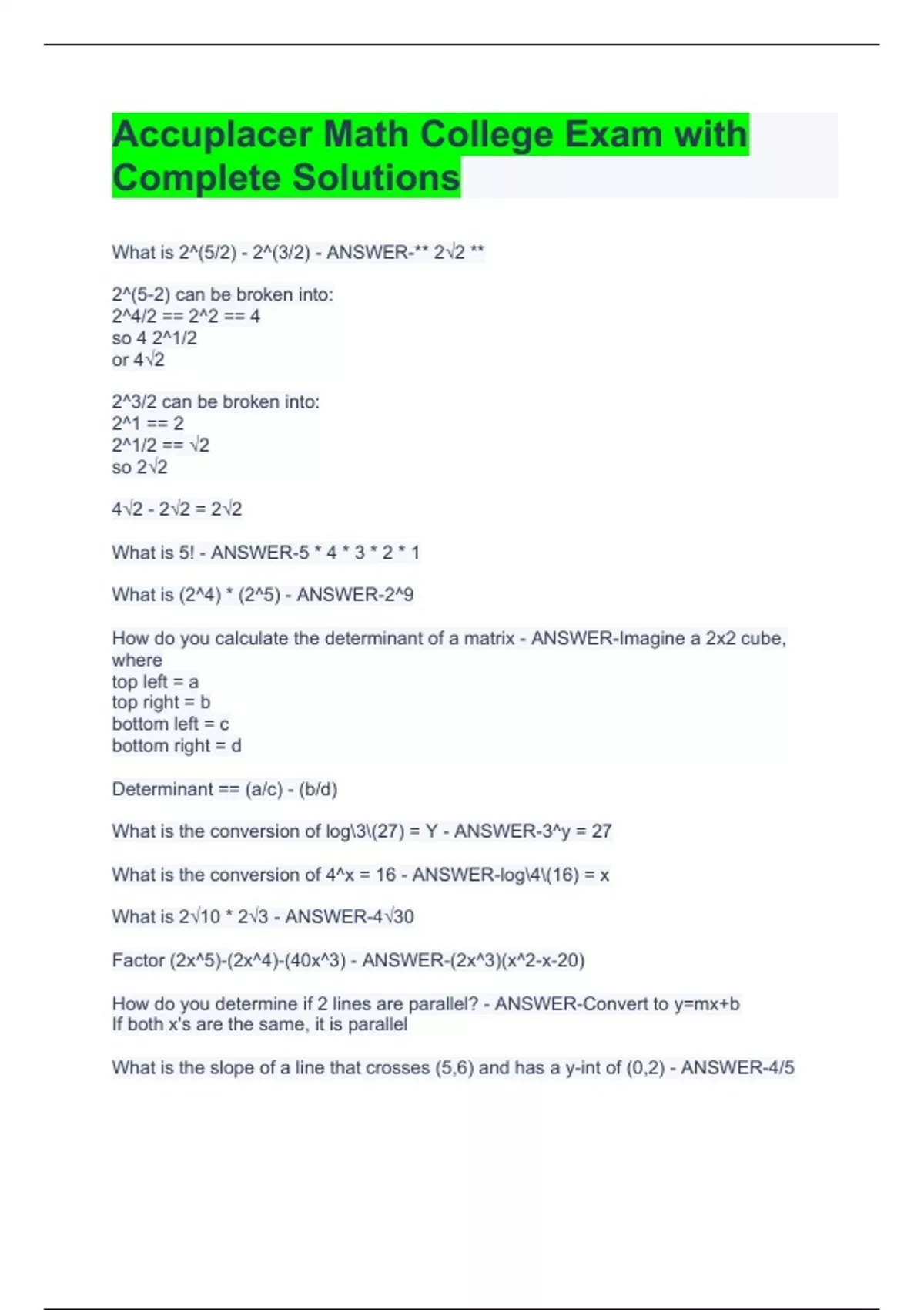 Accuplacer Math College Exam with Complete Solutions - Accuplacer Math ...